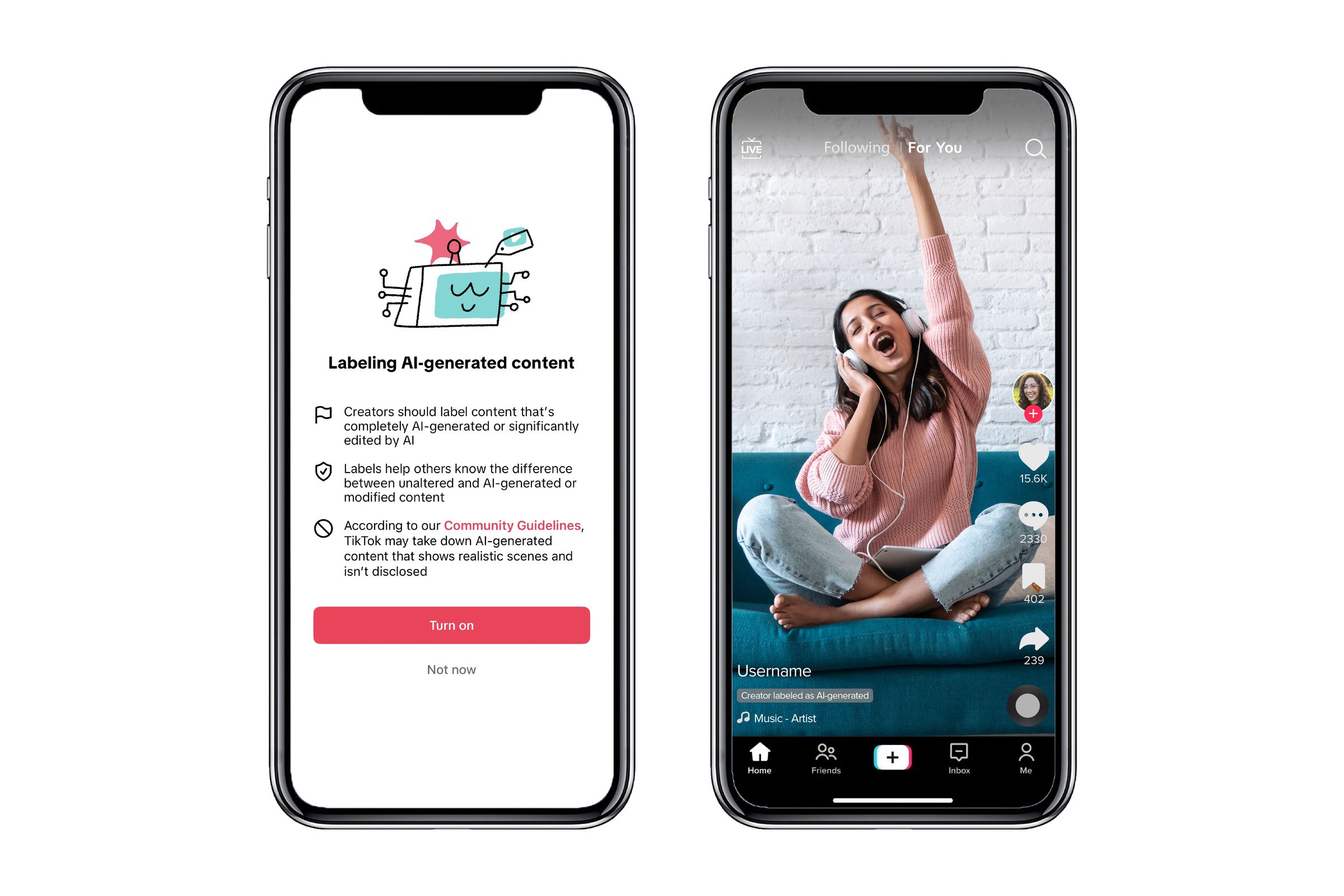 TikTok screen instructing a creator to turn on the AI-generated label. The label will appear below a creator’s username on videos.