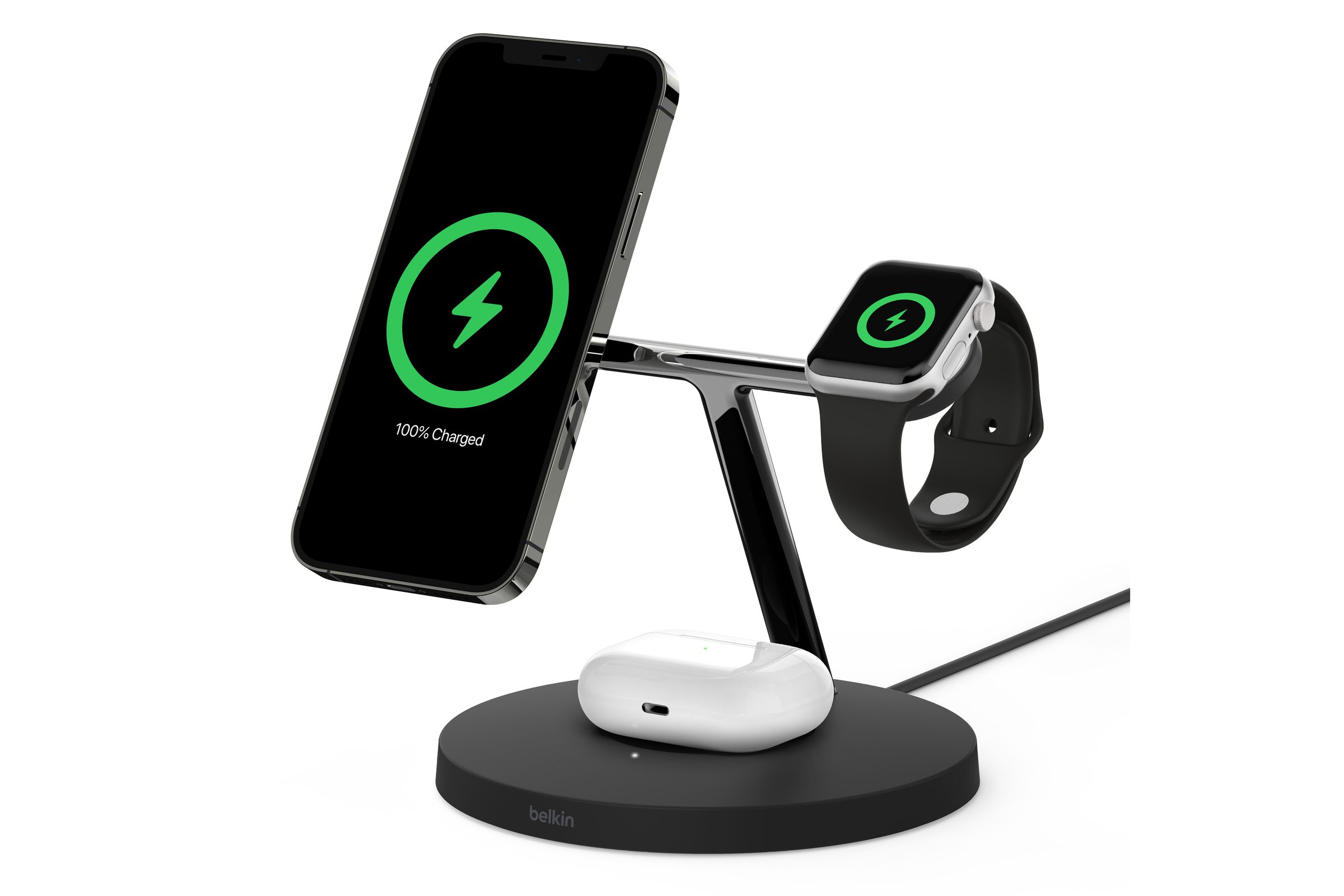 Picture of a Belkin charger with spots for the iPhone and Apple Watch, as well as a standard Qi charging pad.