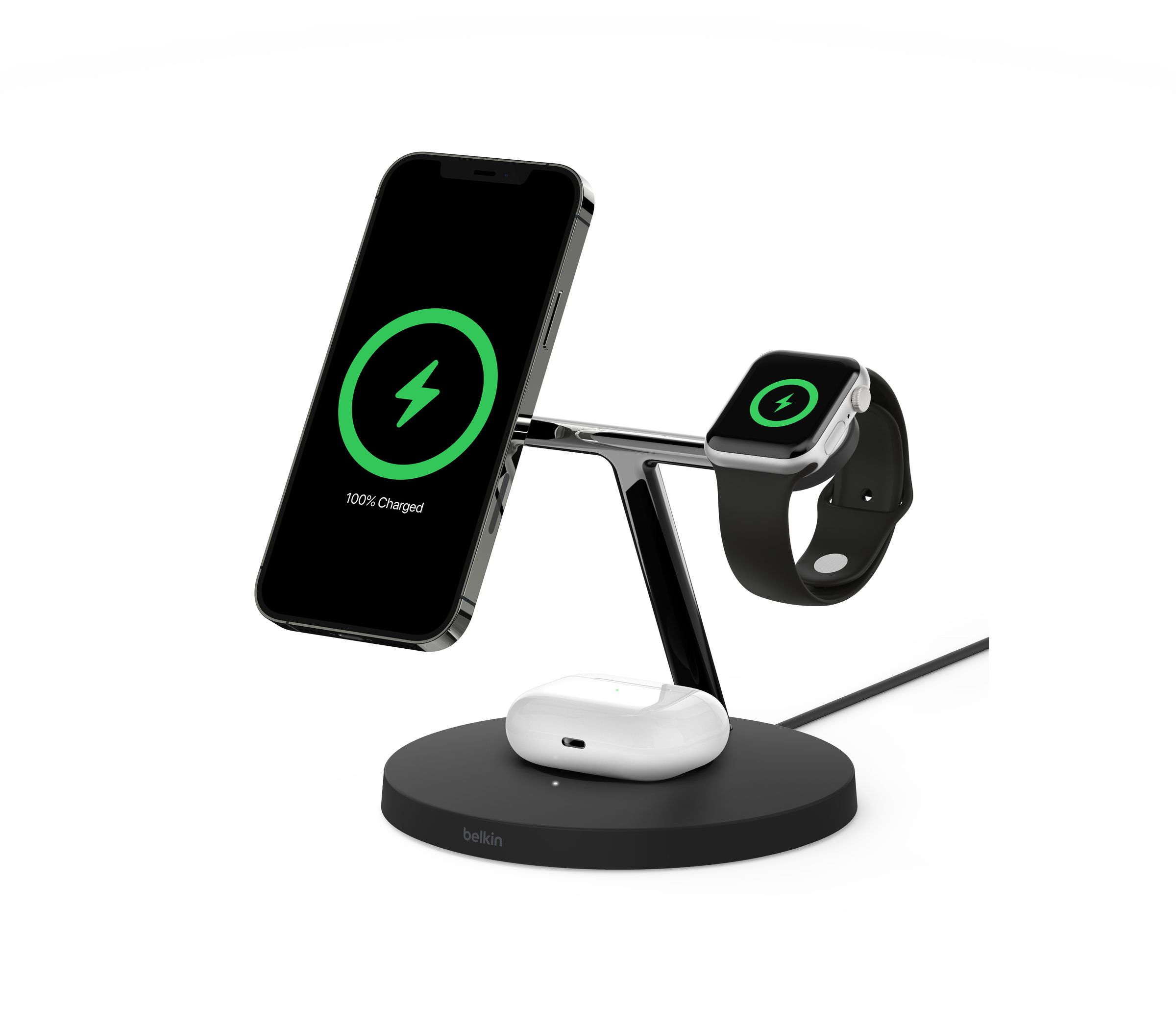 Picture of a Belkin charger with spots for the iPhone and Apple Watch, as well as a standard Qi charging pad.
