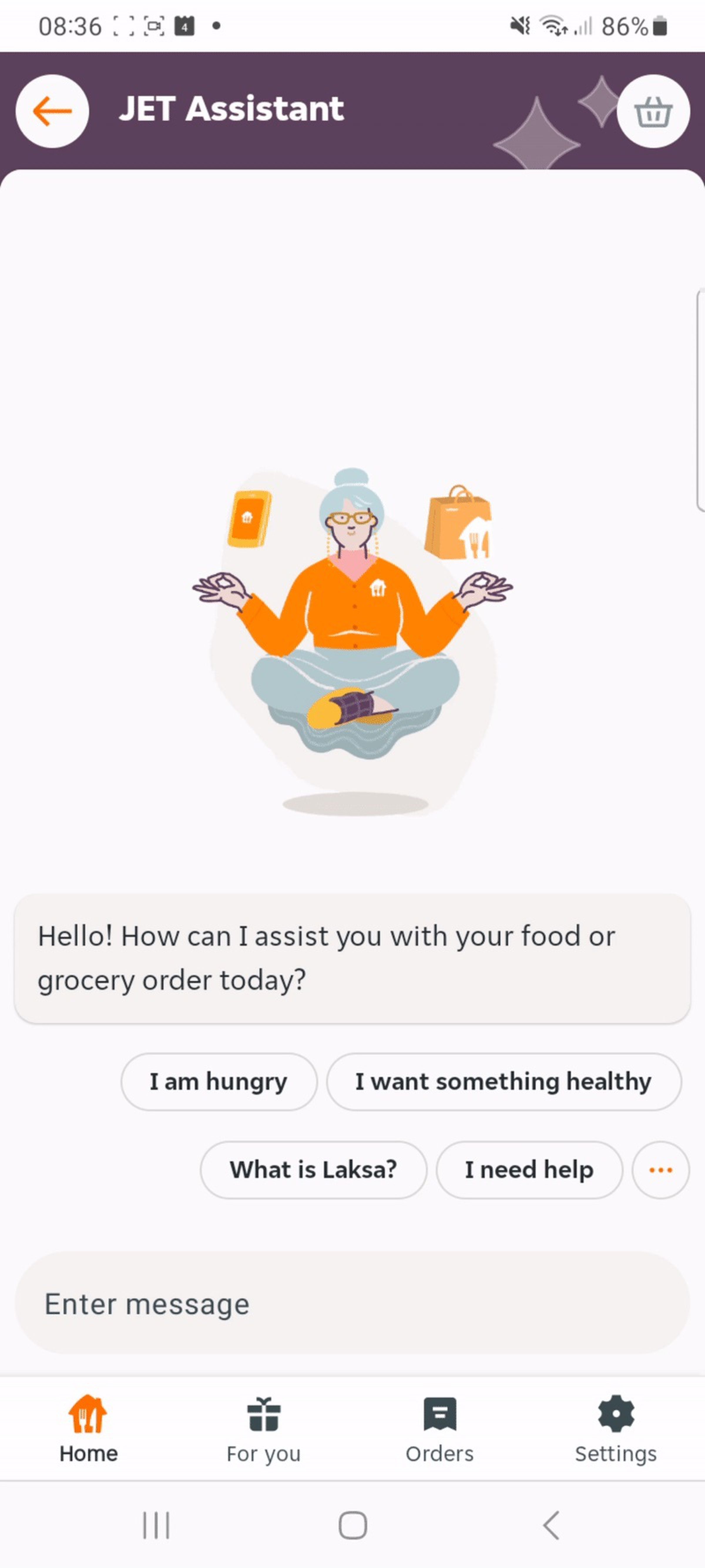Interface with Just Eat chatbot asking how it can help with order.