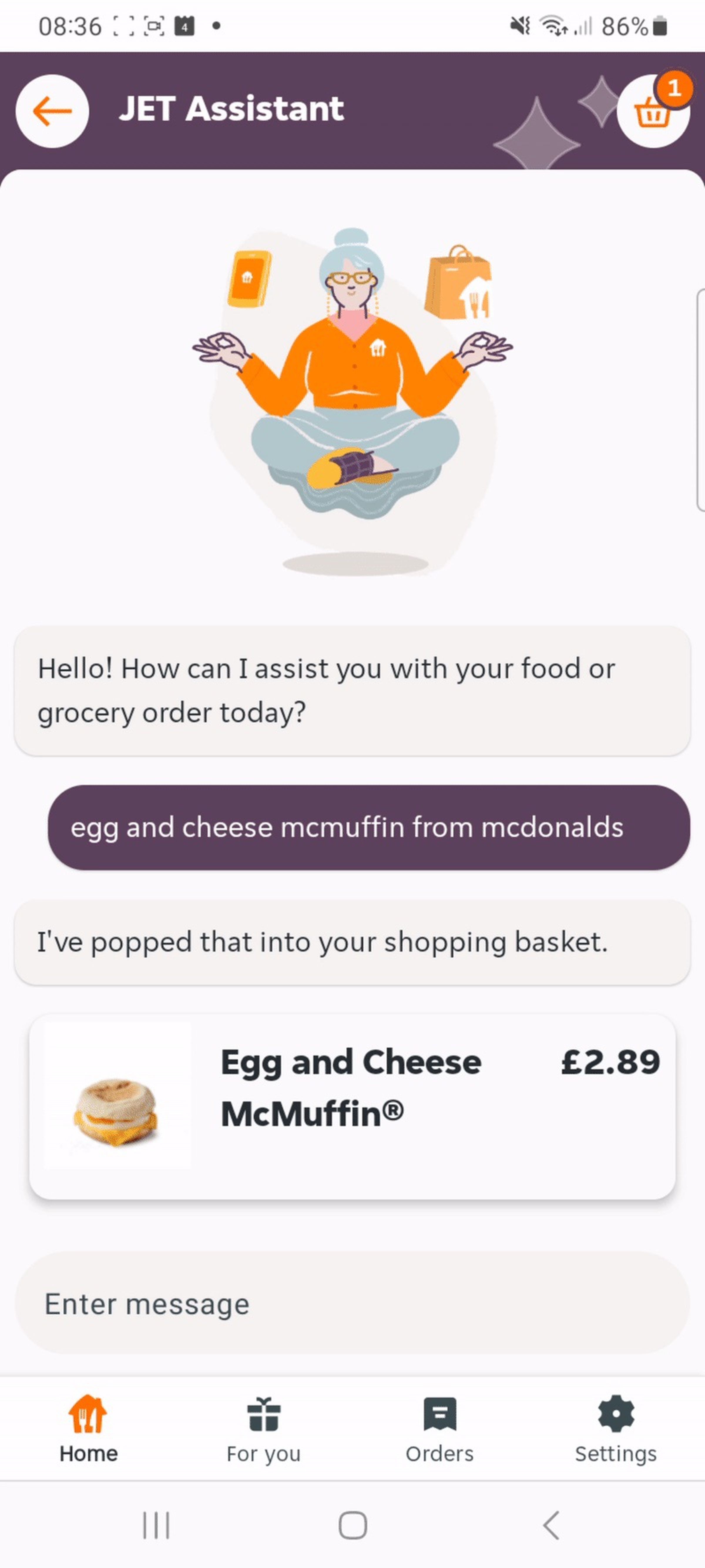 Just Eat chatbot adds “egg and cheese mcmuffin” to order.