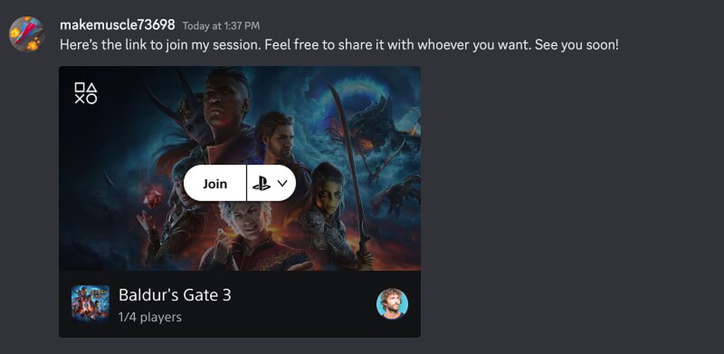 A screenshot showing the new Discord sharing widget, which has a “Join” link and shows how many people are in the game currently.