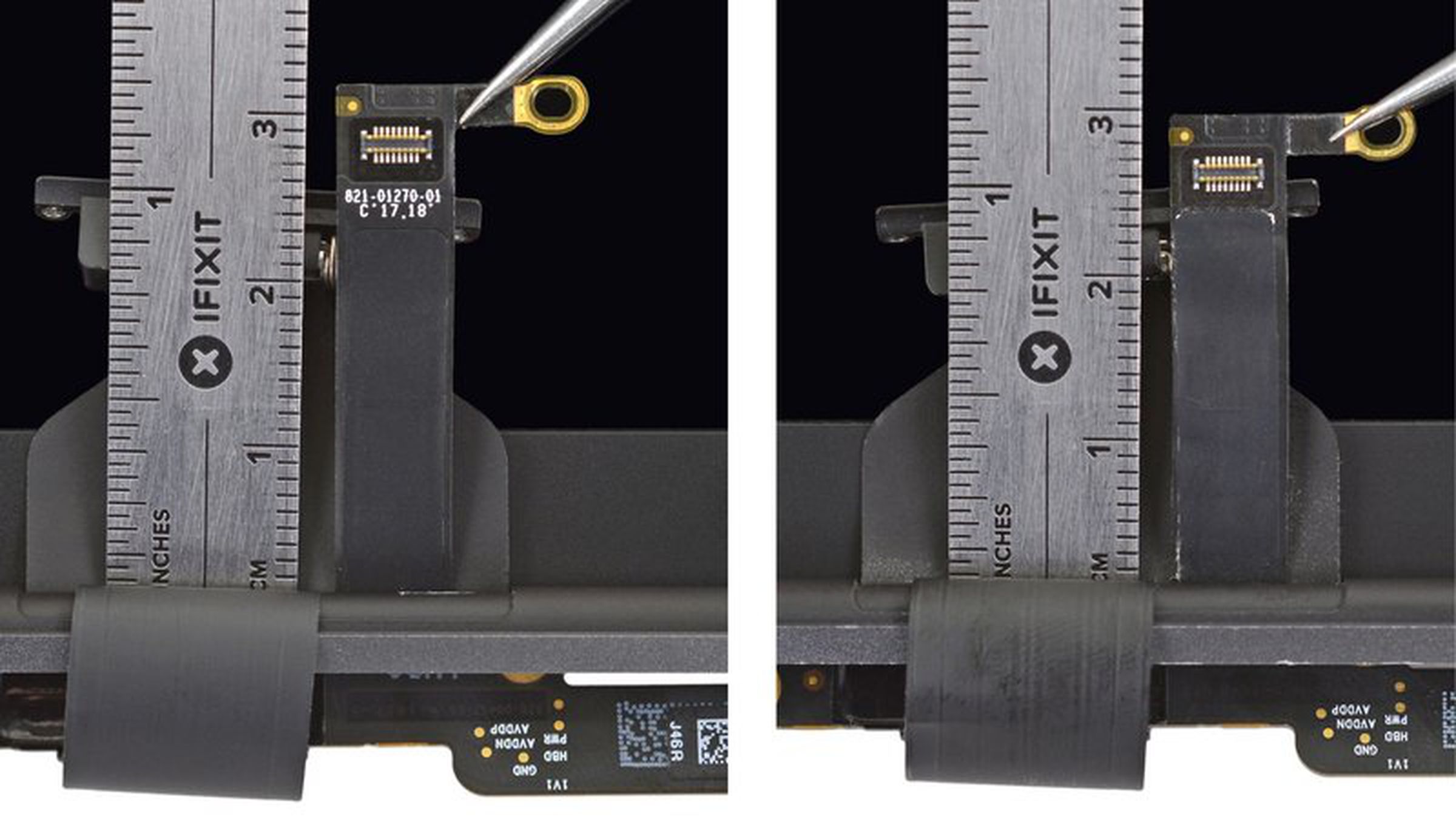 Although still soldered on, the new display cable (left) is 2mm longer on the 2018 MacBook Pro.