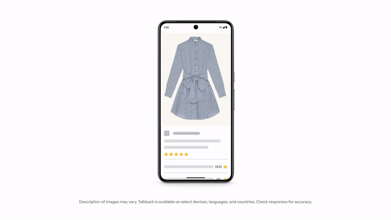 Animation showing Google Talkback powered by Gemini Nano AI recognizing an image and describing it for a user as “A close-up of a black and white gingham dress. The dress is shor with a collard and long sleeves. It is tied as the waist with a big bow.”