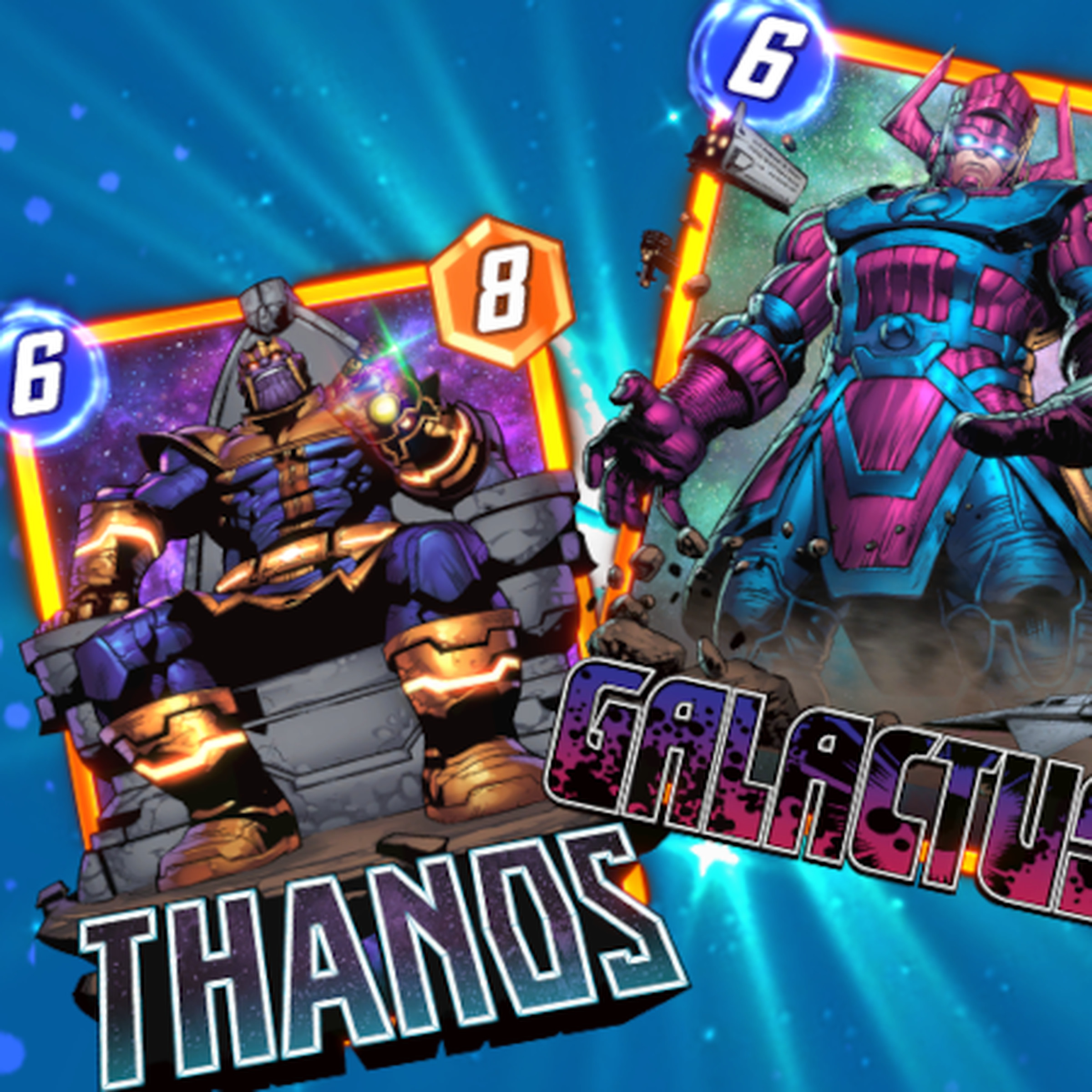 Graphic from Marvel Snap highlighting the Thanos and Galactus cards and the new currency Collectors Tokens