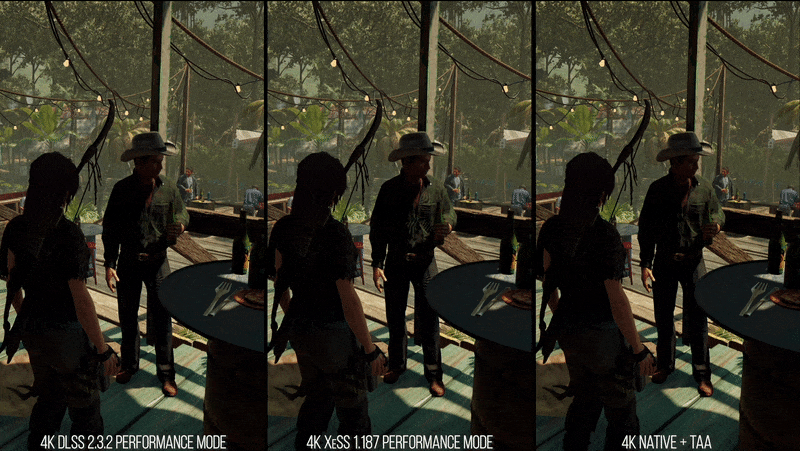 Gif showing the same scene rendered using three different technologies. In the Intel one, it displays a flickering pattern on a man’s shirt, which isn’t present in the other versions.