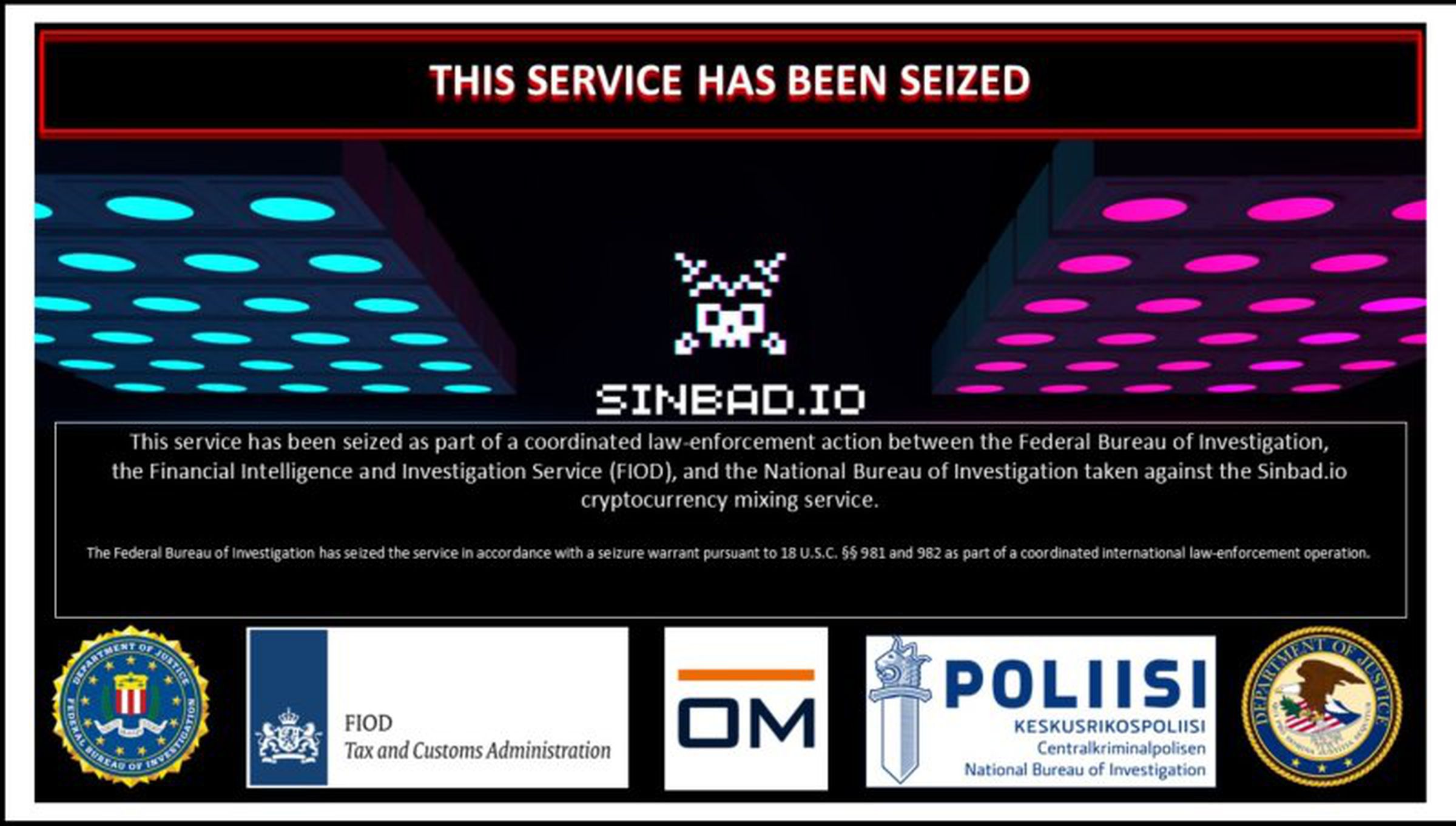 Screenshot of the seizure notice posted to Sinbad.io by the FBI and other agencies.