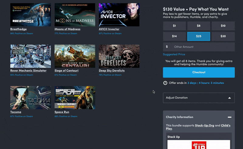 Humble Bundle’s proposed “toggle” redesign. The new set-up still exists, with the option for making custom donations with sliders buried in a menu.