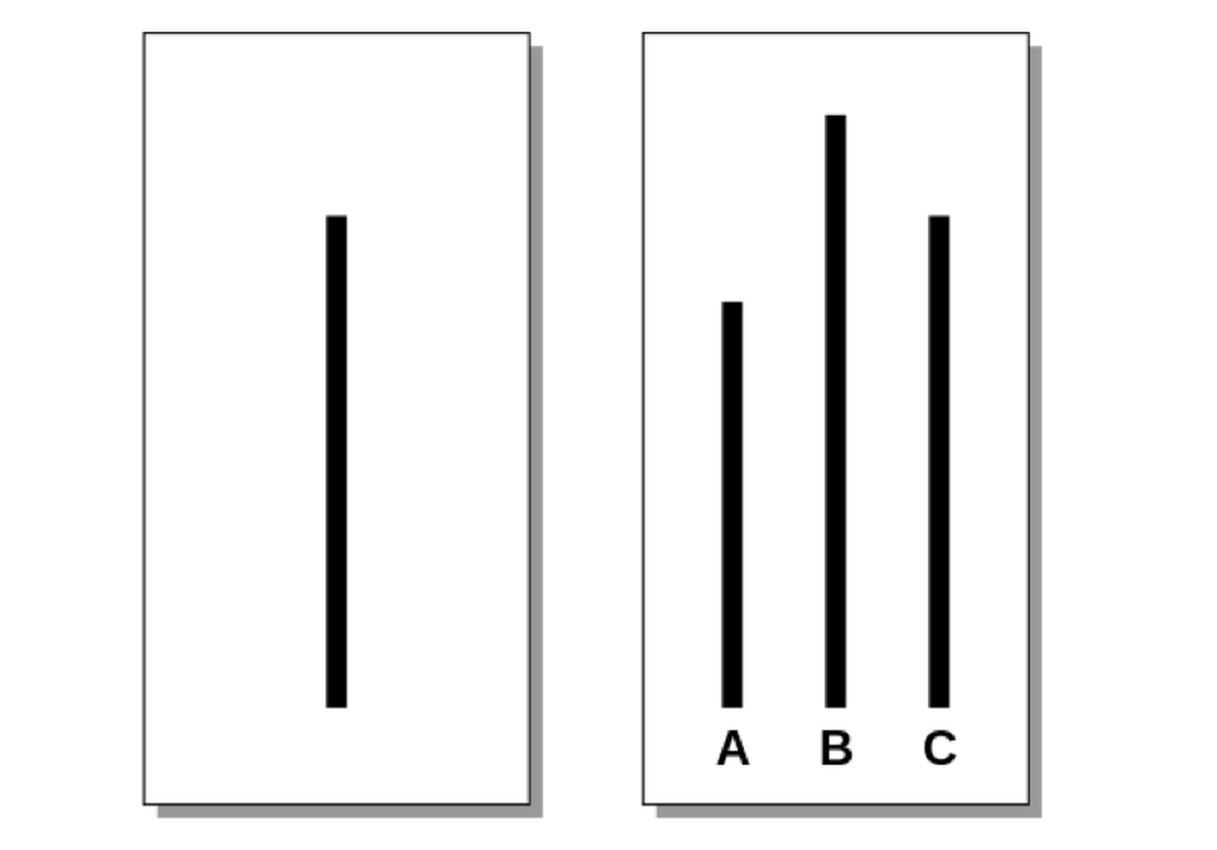 One of the cards used in the original Asch test. Participants had to say which line on the right was closest in length to the line on the left. 