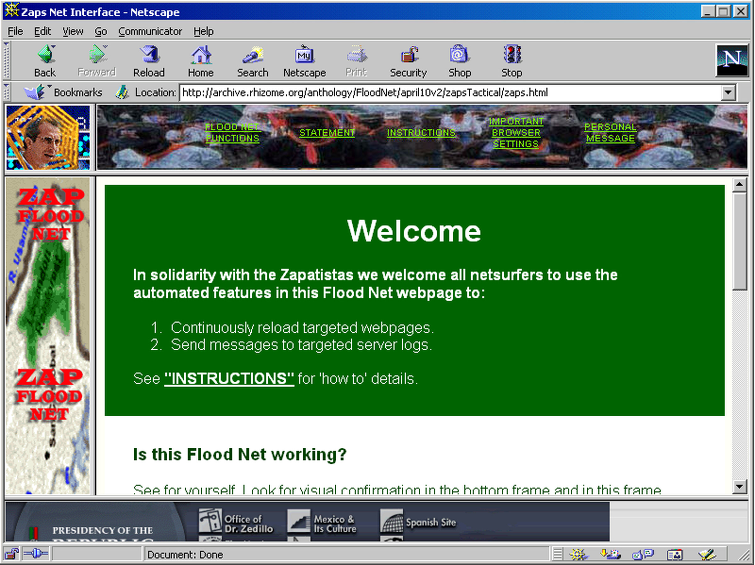 A screenshot of the original FloodNet program. A full, working version of the program has been preserved by Rhizome, a non-profit dedicated to new media and digital art.