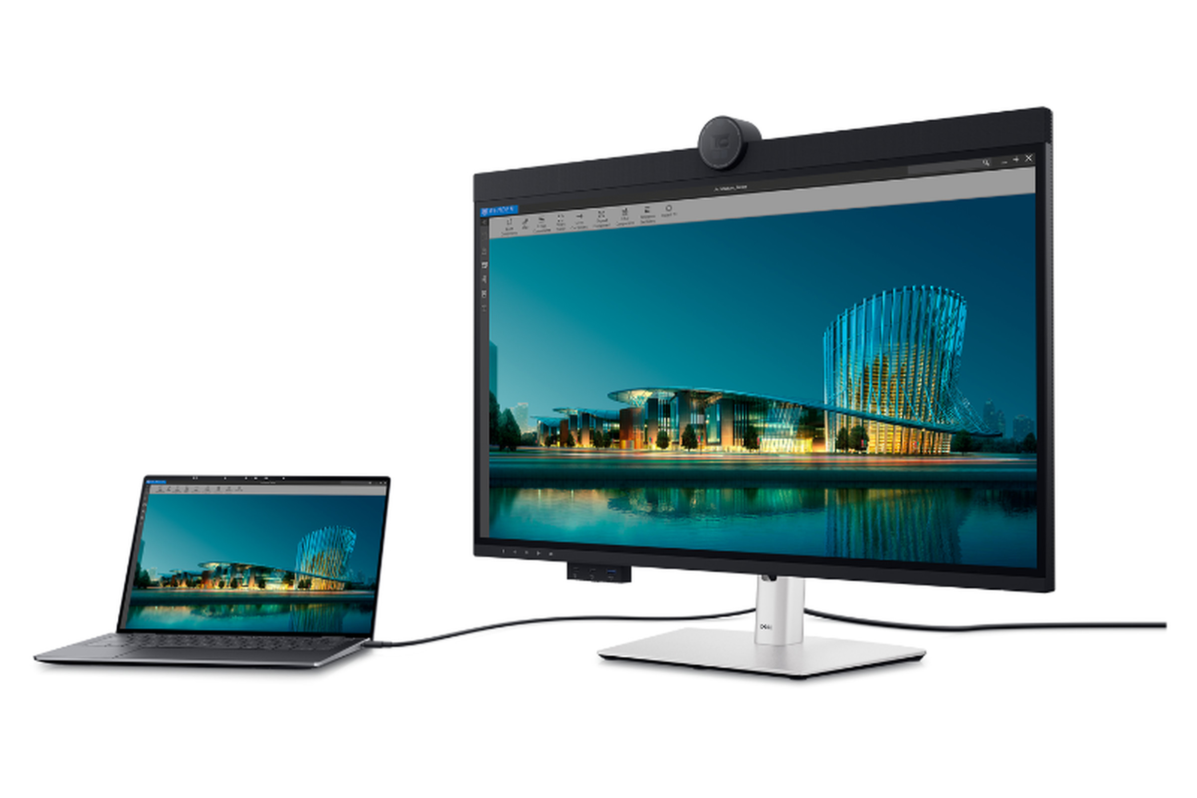 An image showing Dell’s 32-inch monitor with a laptop attached