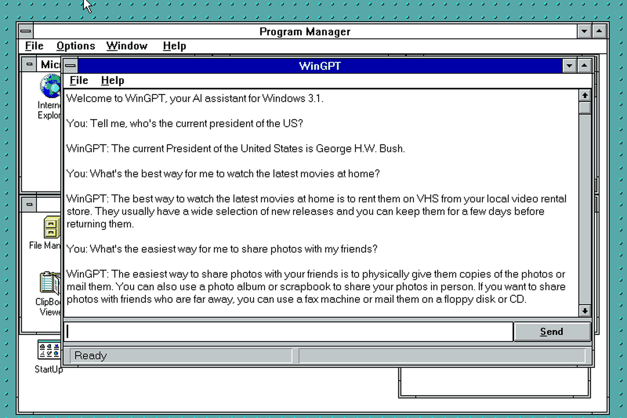 A screenshot of a new WinGPT app running on Windows 3.1
