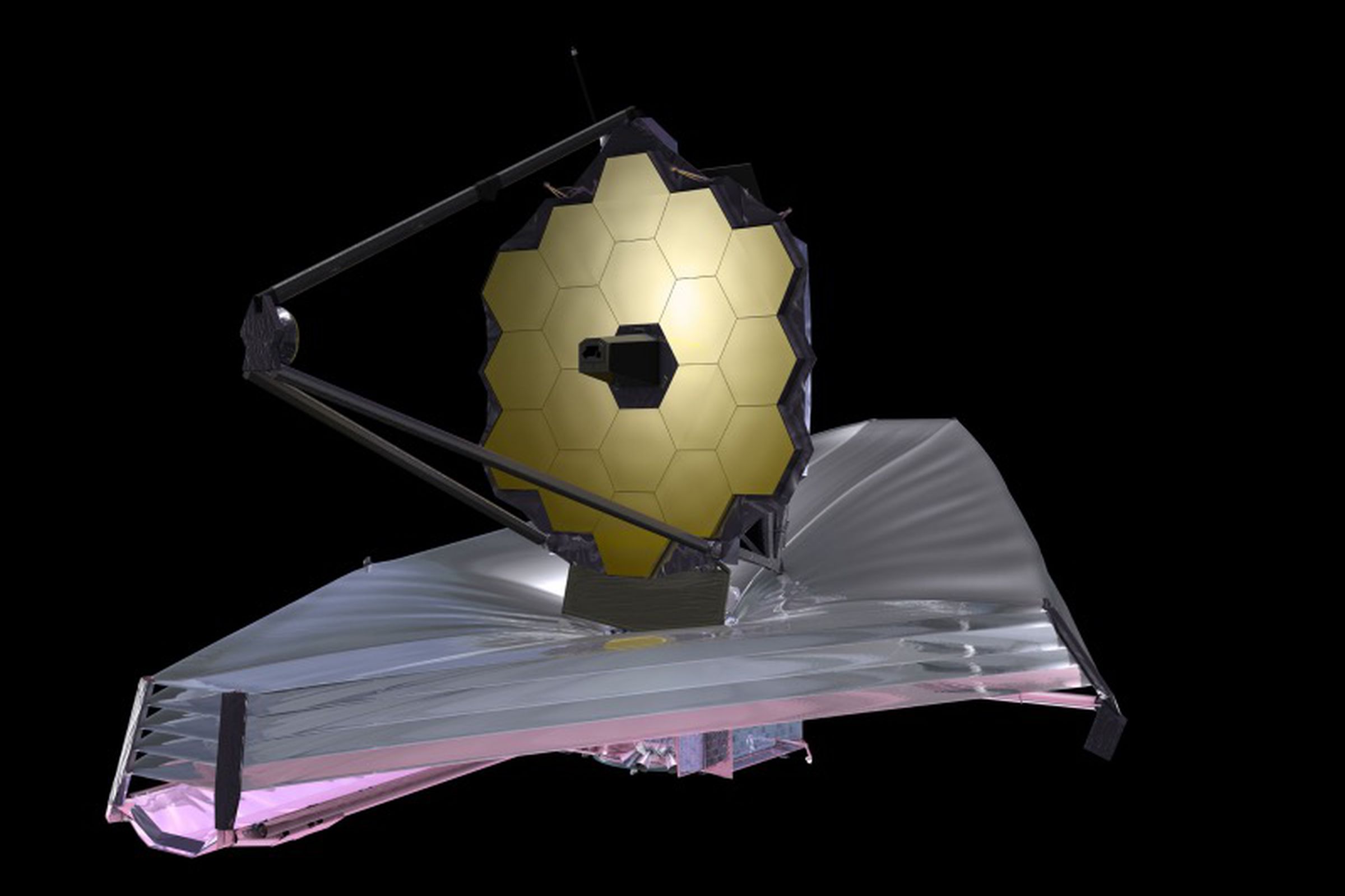 A rendering of the James Webb Space Telescope completely unfurled in space.