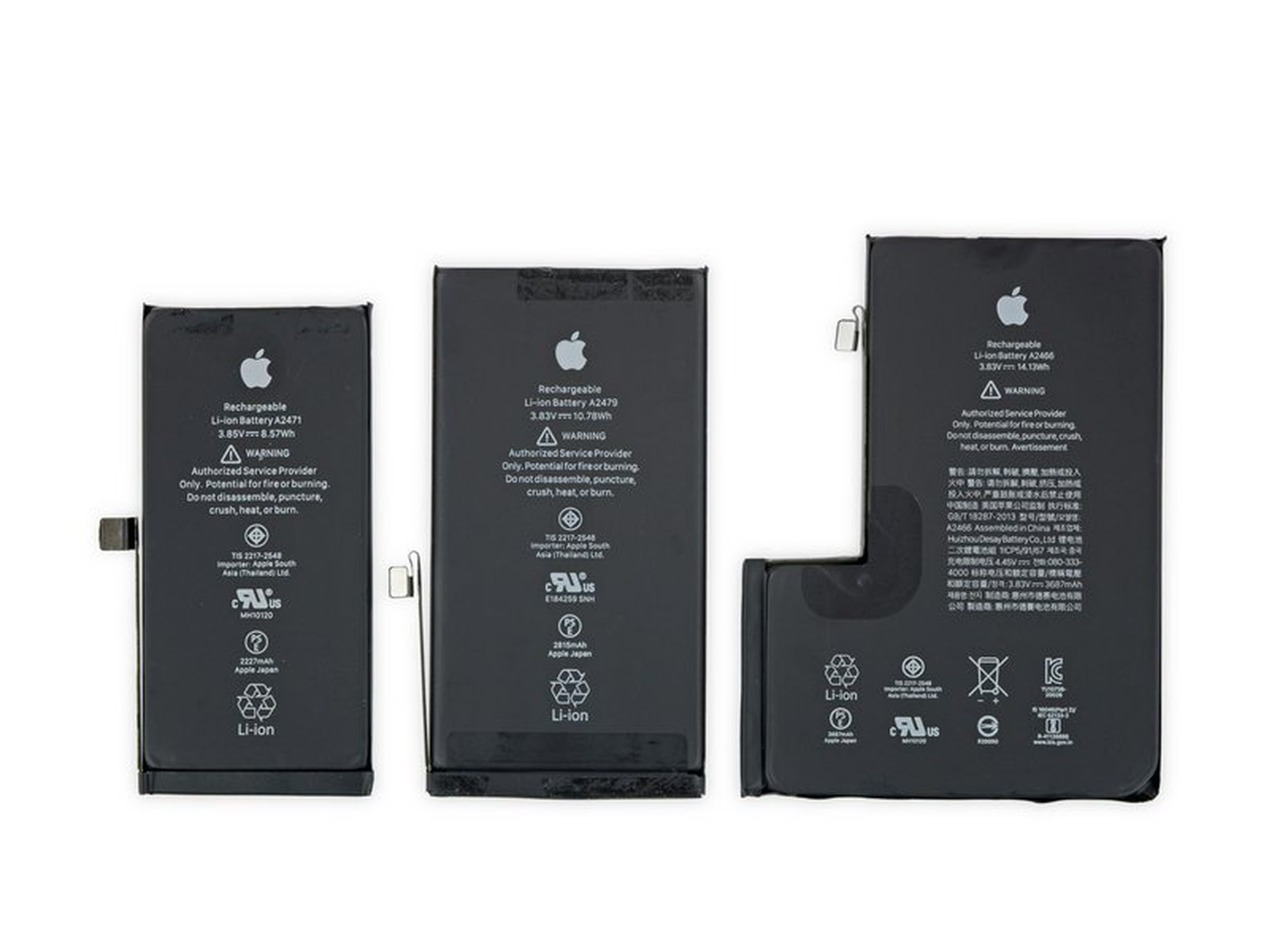 The iPhone 12 Pro Max battery (right) dwarfs the other iPhone 12 model batteries.