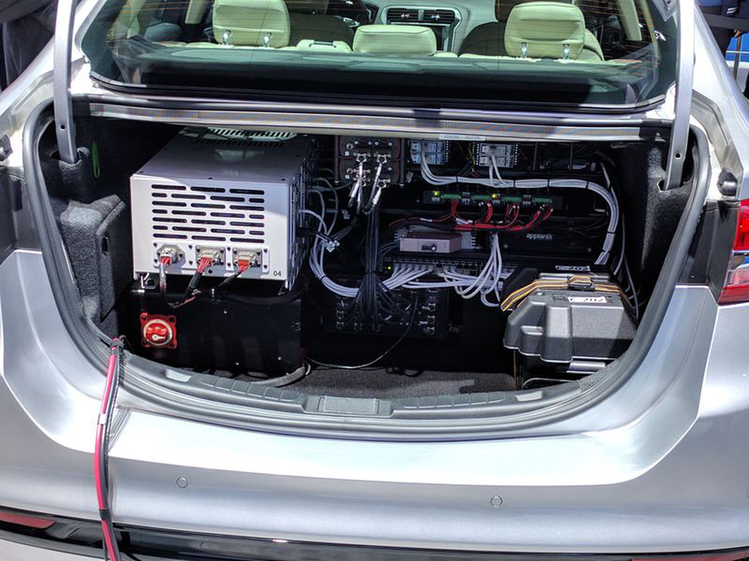 The trunk of a self-driving Ford Fusion