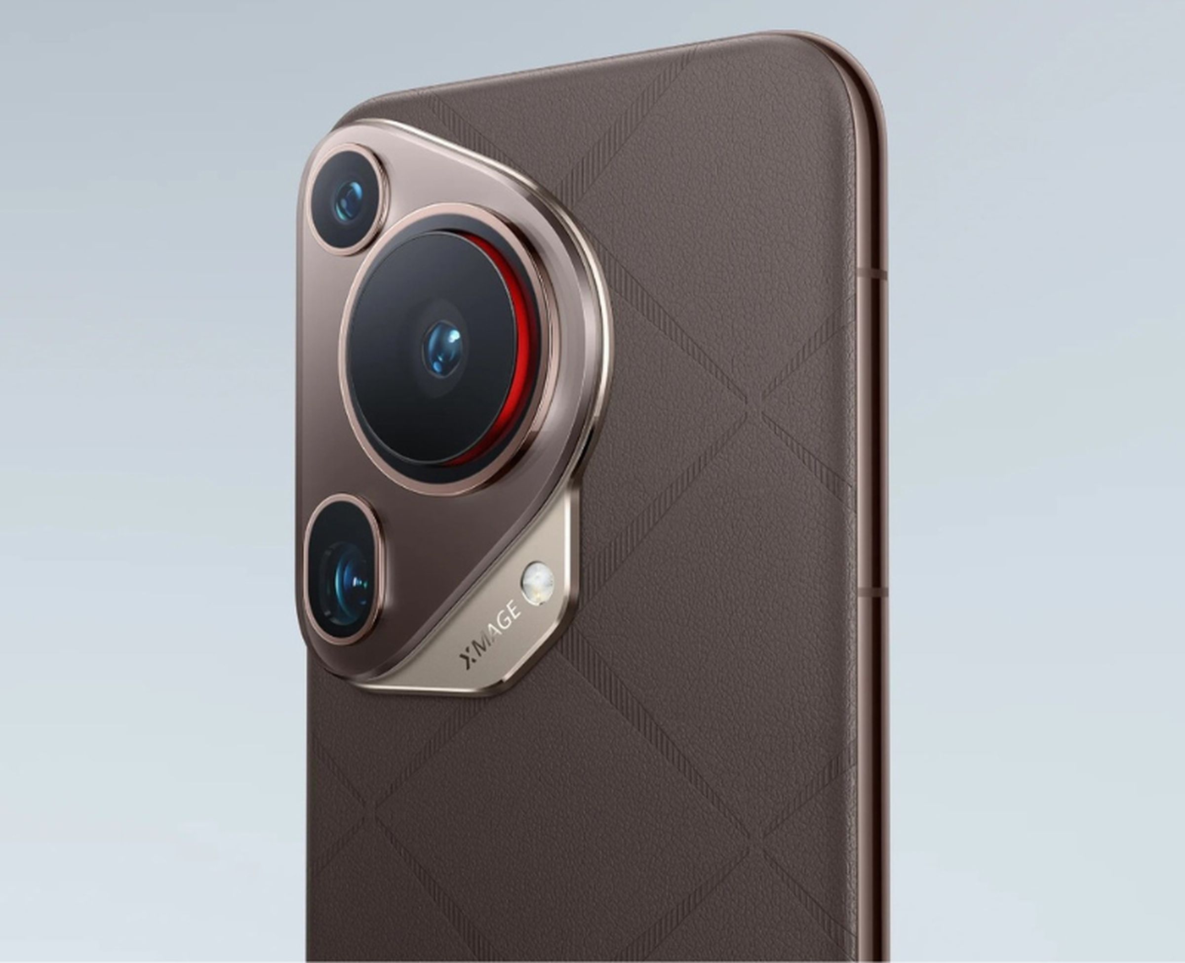The Huawei Pura 70 Ultra in brown, against a light blue backdrop.