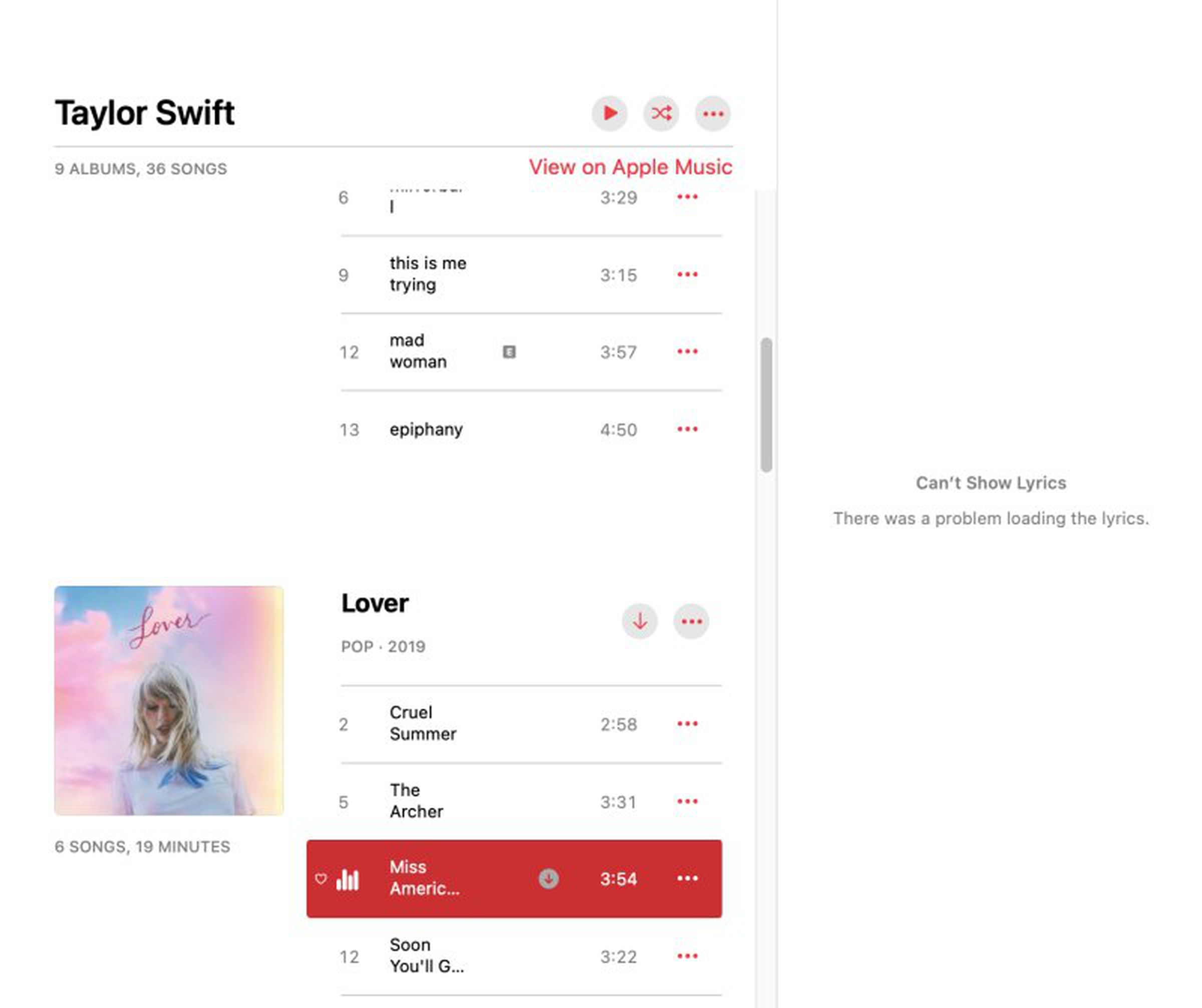 Apple Music lyrics failing to load for Taylor Swift’s album Lover