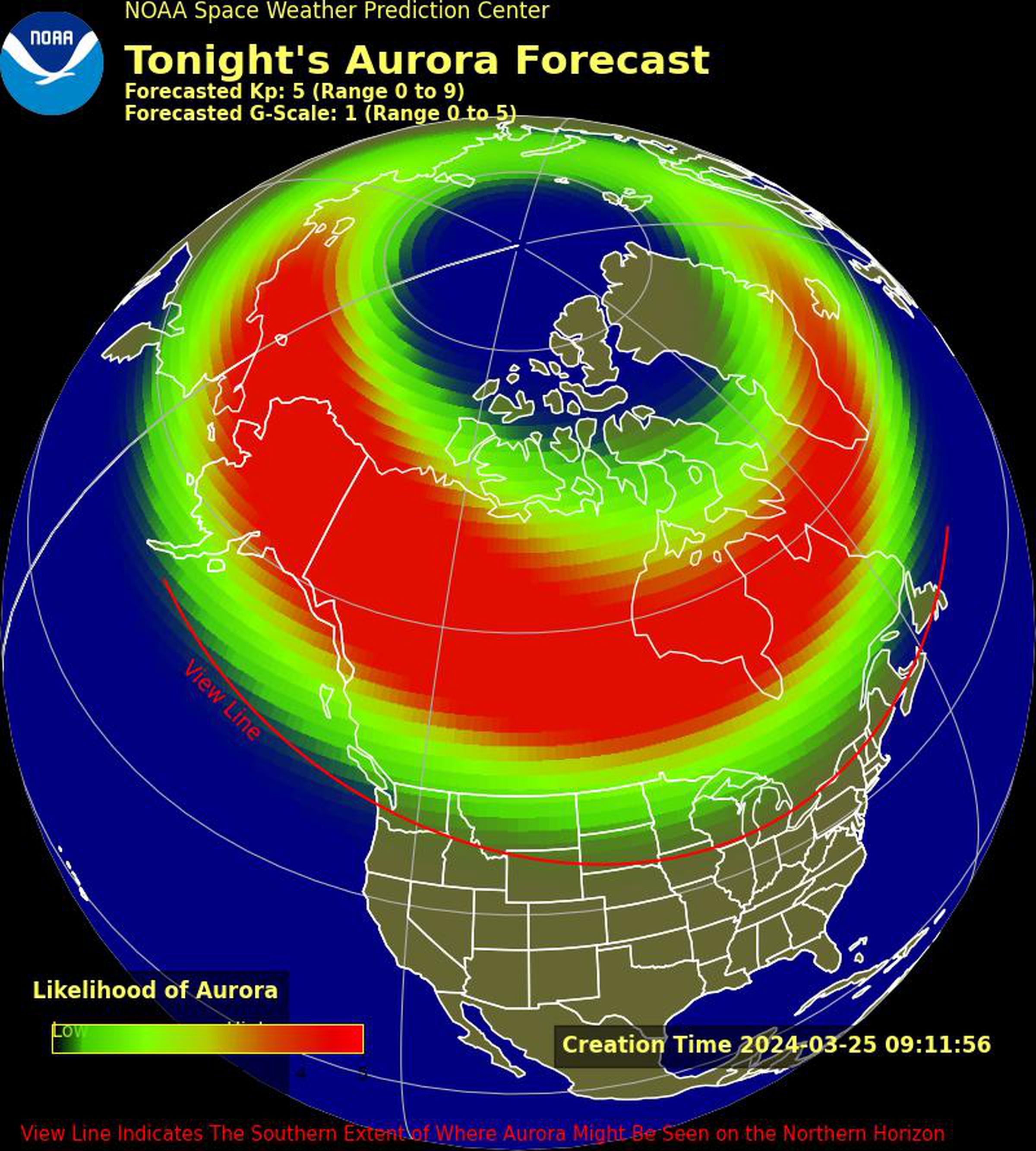 Forcast map of potential Northern Lights viewings provided by the Space Weather Prediction Center