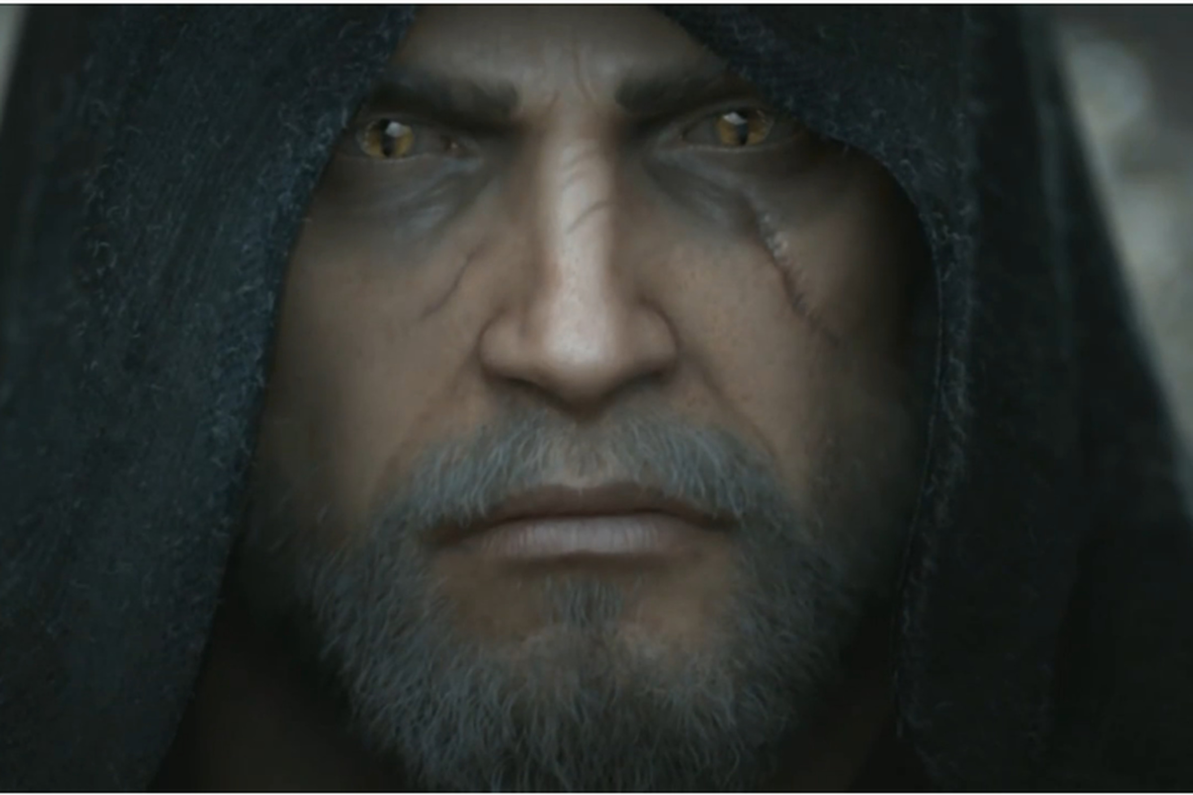 Screenshot from The Witcher 3: Wild Hunt featuring an extreme close-up of Geralt of Rivia’s face: a caucasian man with yellow eyes and a silver-grey mustache and beard with a scar running under his left eye.