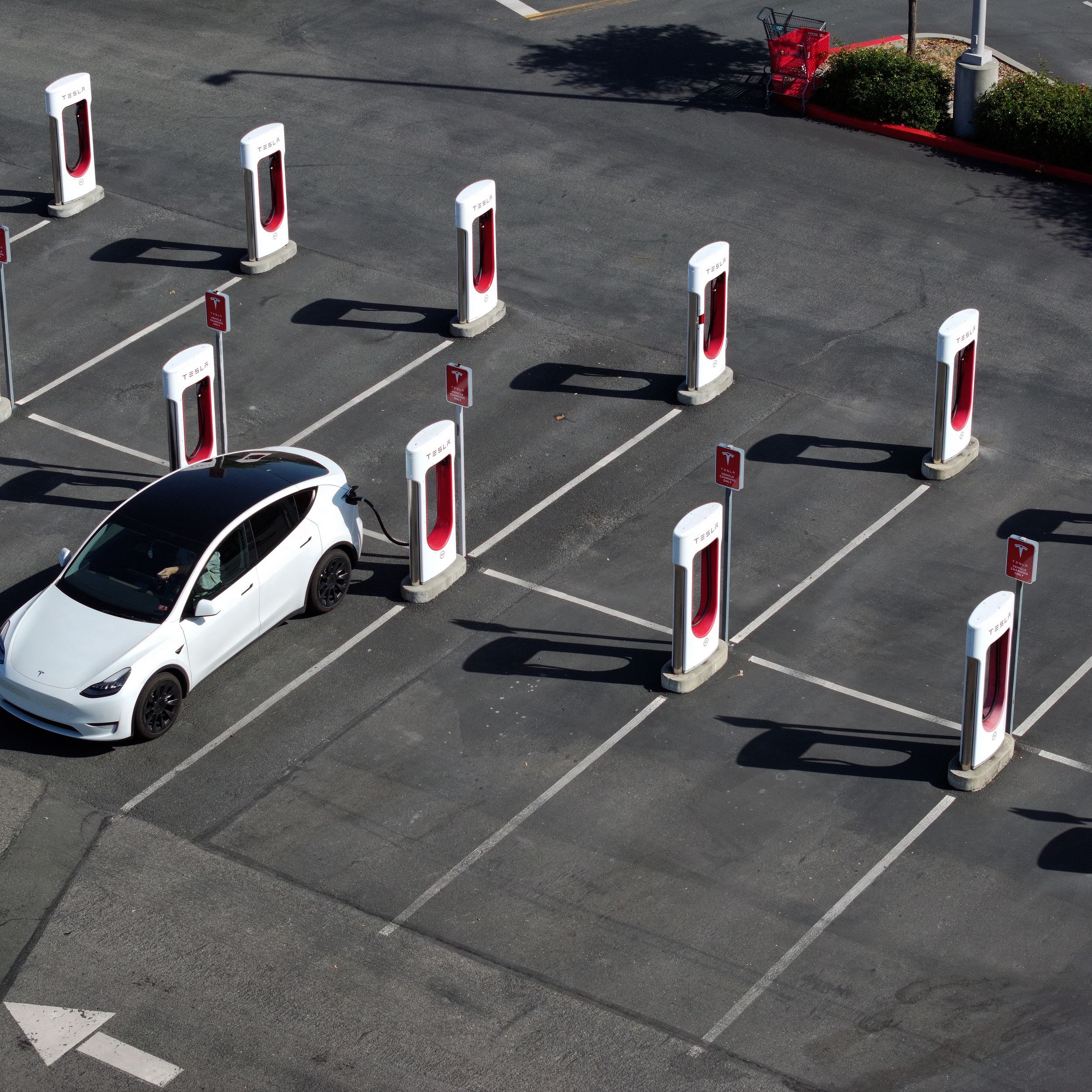 Tesla vehicle at a Supercharger station.