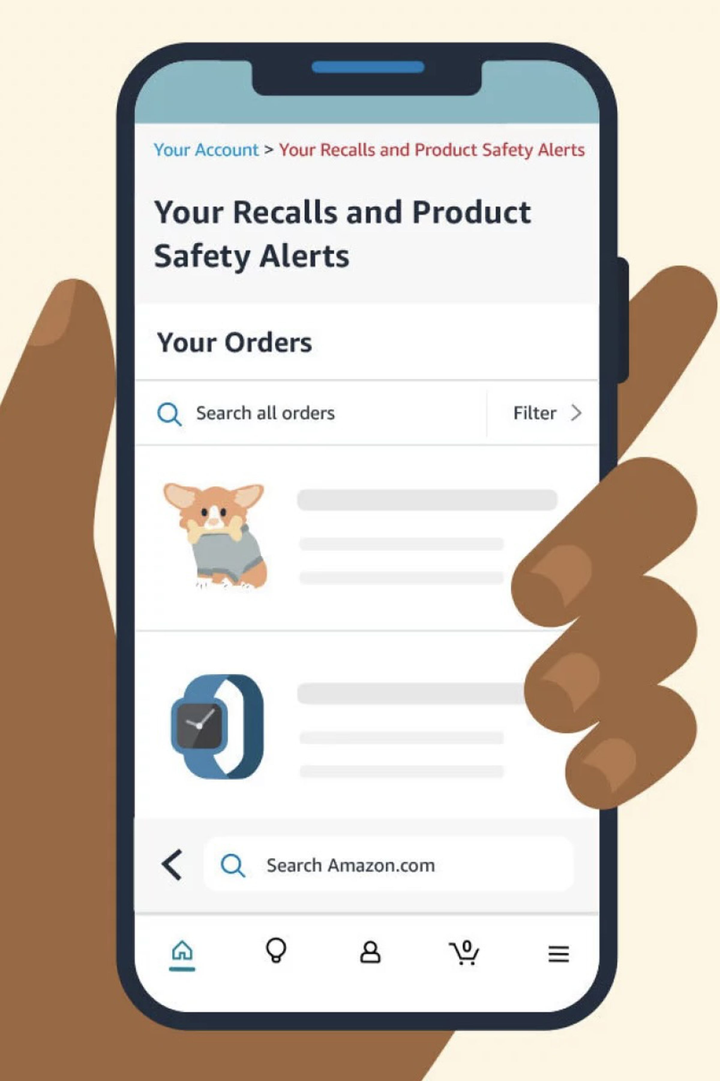 Phone being held by illustrated hand, amazon app mockup on screen with a watch and puppy sweater as potential products being recalled