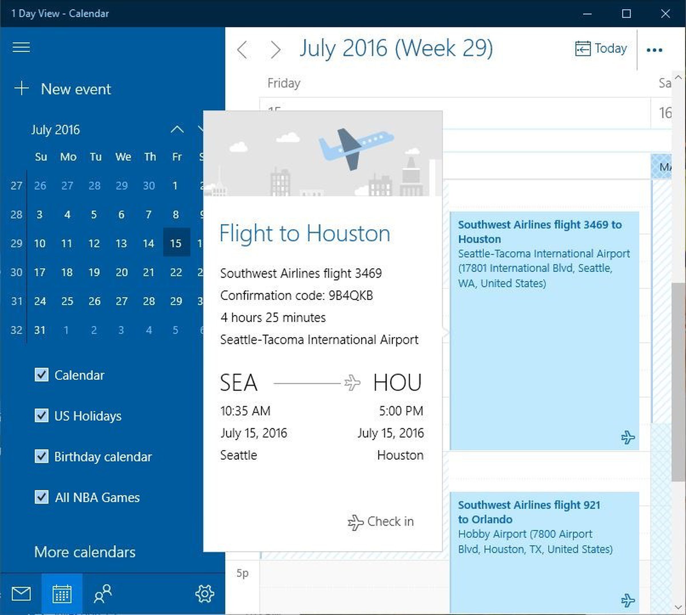 Flight tracking in Windows 10 Calendar app