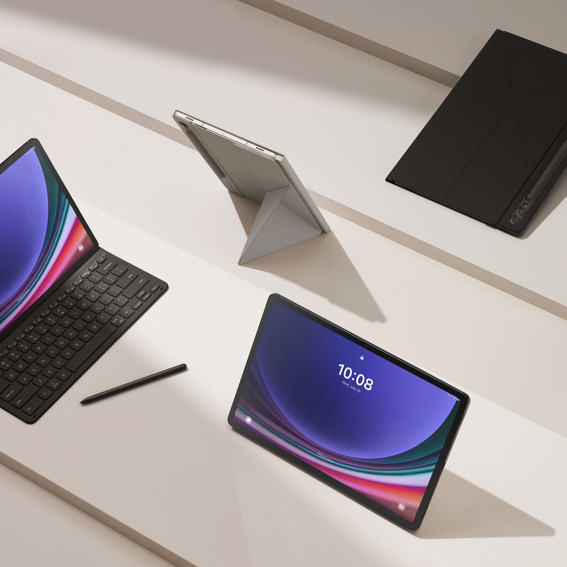 The Samsung Galaxy Tab S9 in a variety of positions and with keyboard and stylus accessories.