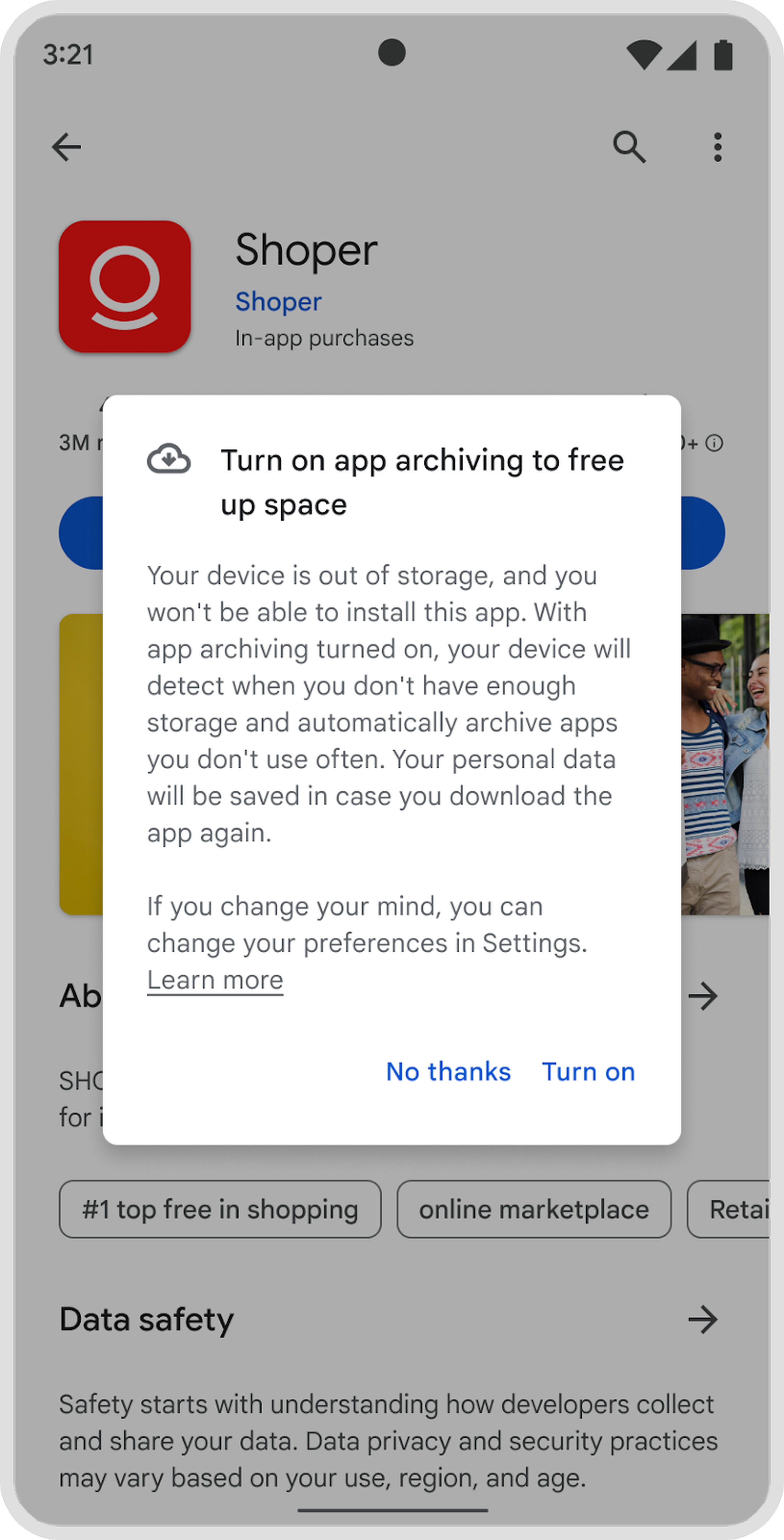 A pop-up message appears on the Google Play store. The message asks users to enable the app archiving feature and includes a disclaimer that the feature can be adjusted in the device settings.