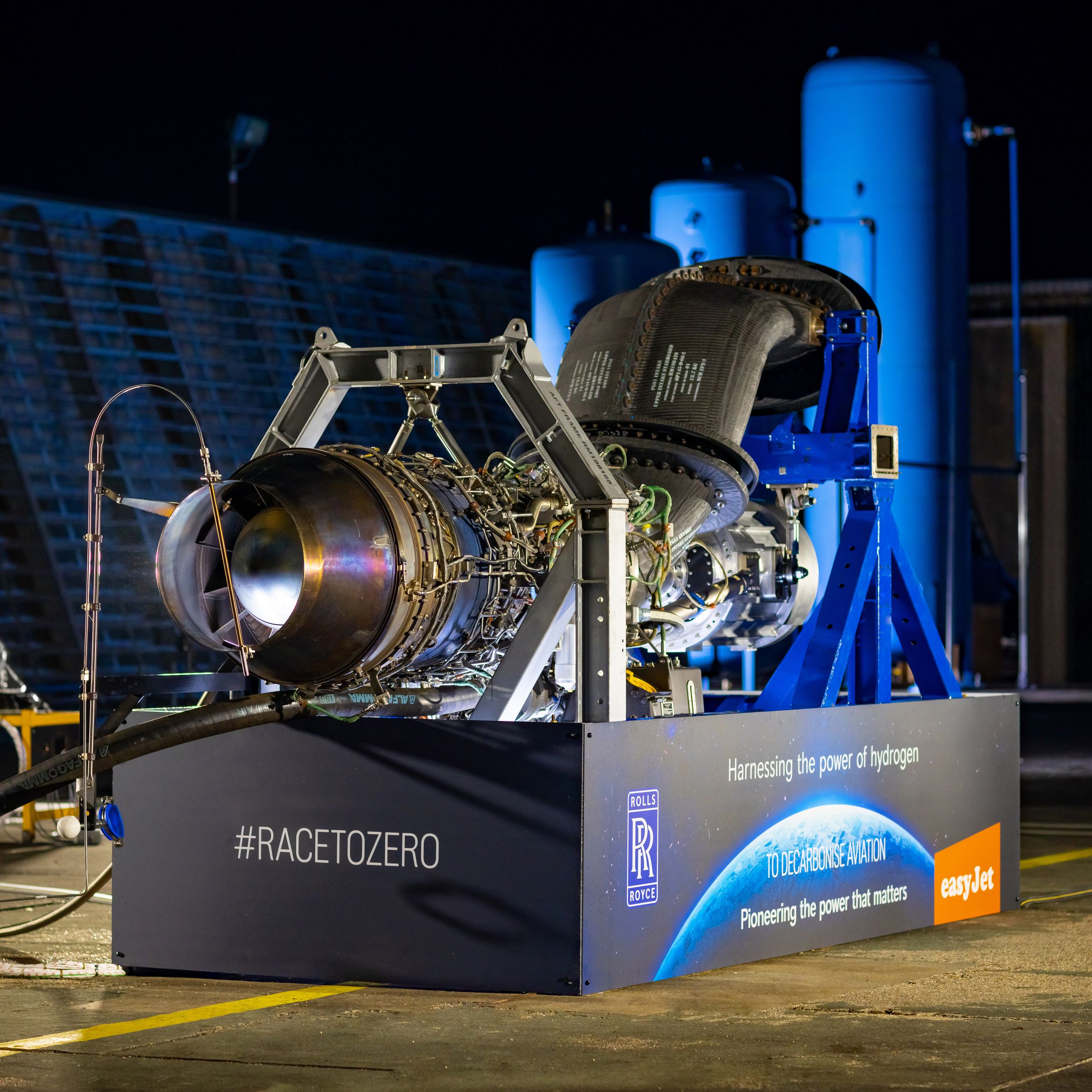 A converted aircraft engine seen at night