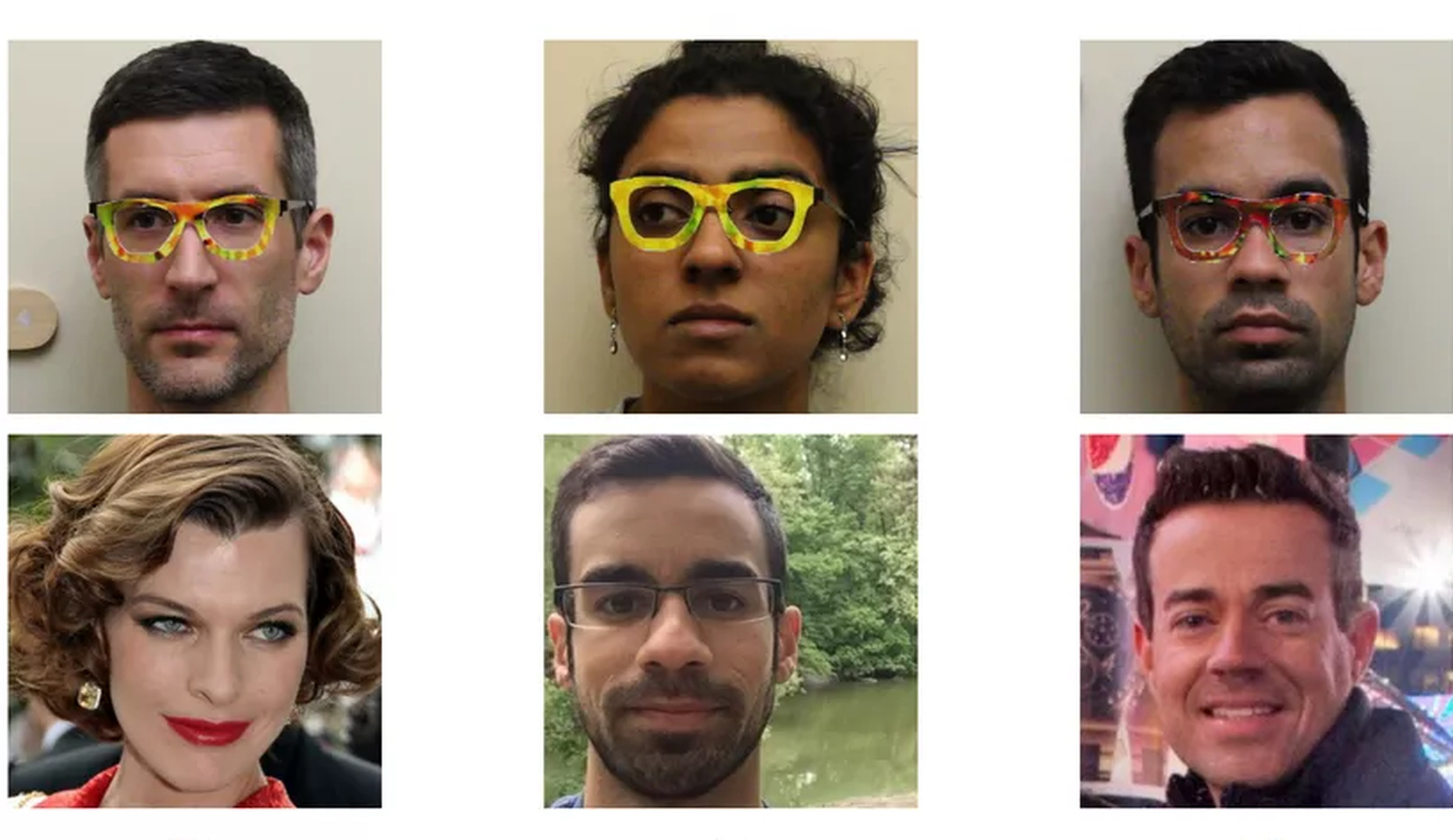 Researchers wearing simulated pairs of fooling glasses, and the people the facial recognition system thought they were.