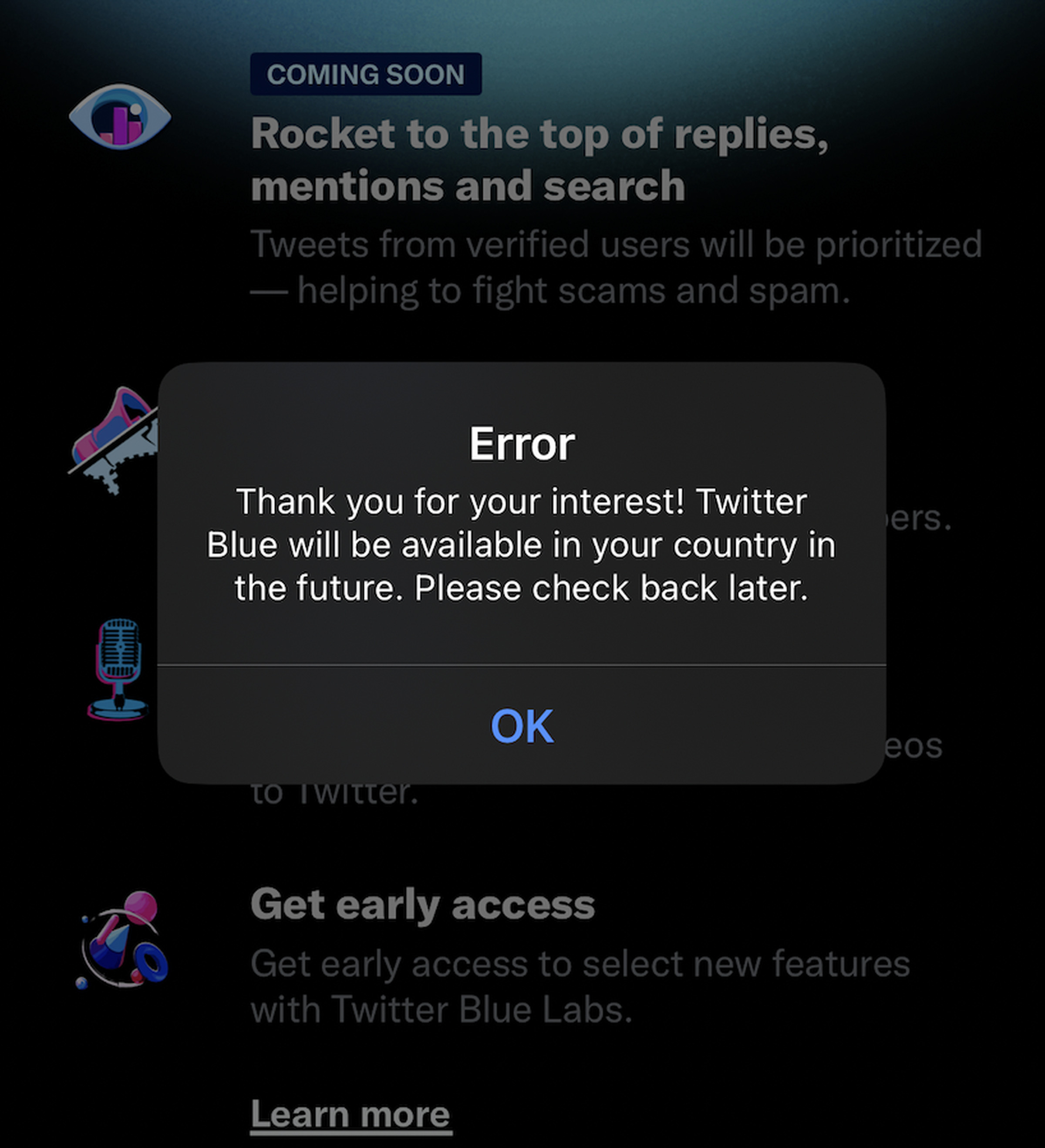 Bu sabah İngiltere'de Twitter Blue'ya kaydolmaya çalışırken, 11 Kasım Cuma, yalnızca bir hata mesajı döndürdü.