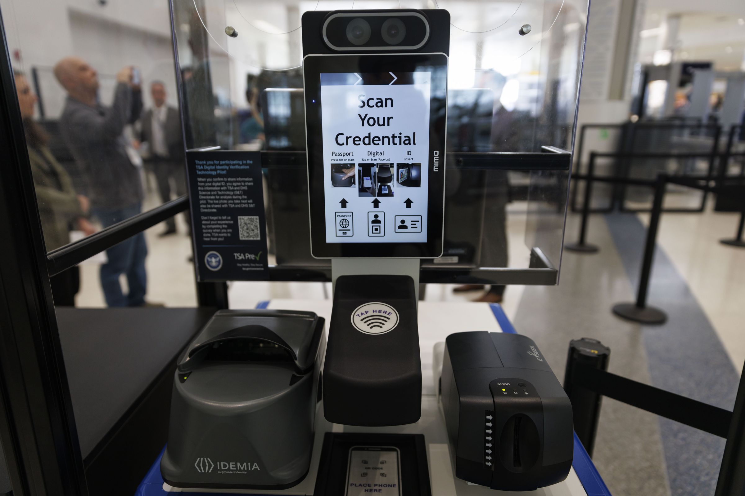 A Credential Authentication Technology (CAT-2) identity verification machine at a Transportation Security Administration (TSA) security checkpoint