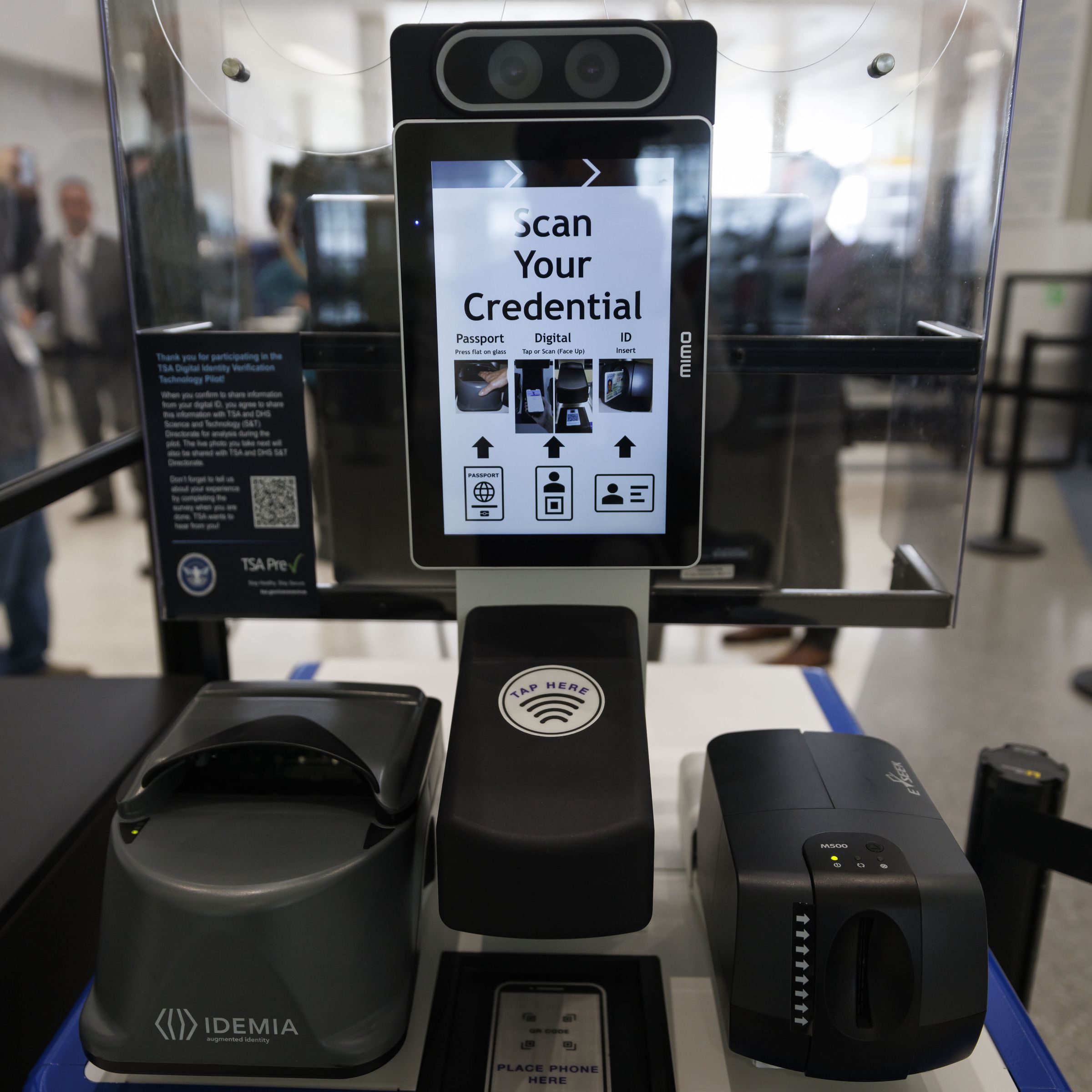 A Credential Authentication Technology (CAT-2) identity verification machine at a Transportation Security Administration (TSA) security checkpoint