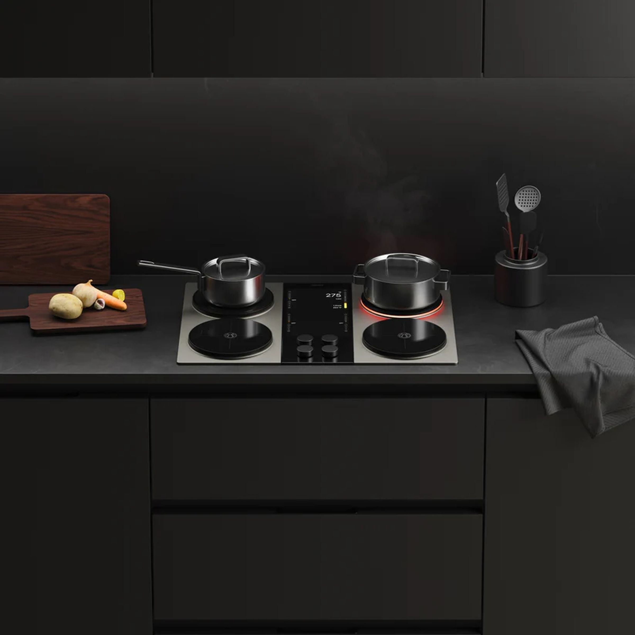 The Impulse Cooktop has four 9-inch burners with a peak performance of 10 KW. Removable magnetic knobs and an LCD interface add control and an integrated 3 kWh LFP battery adds back-up power. 