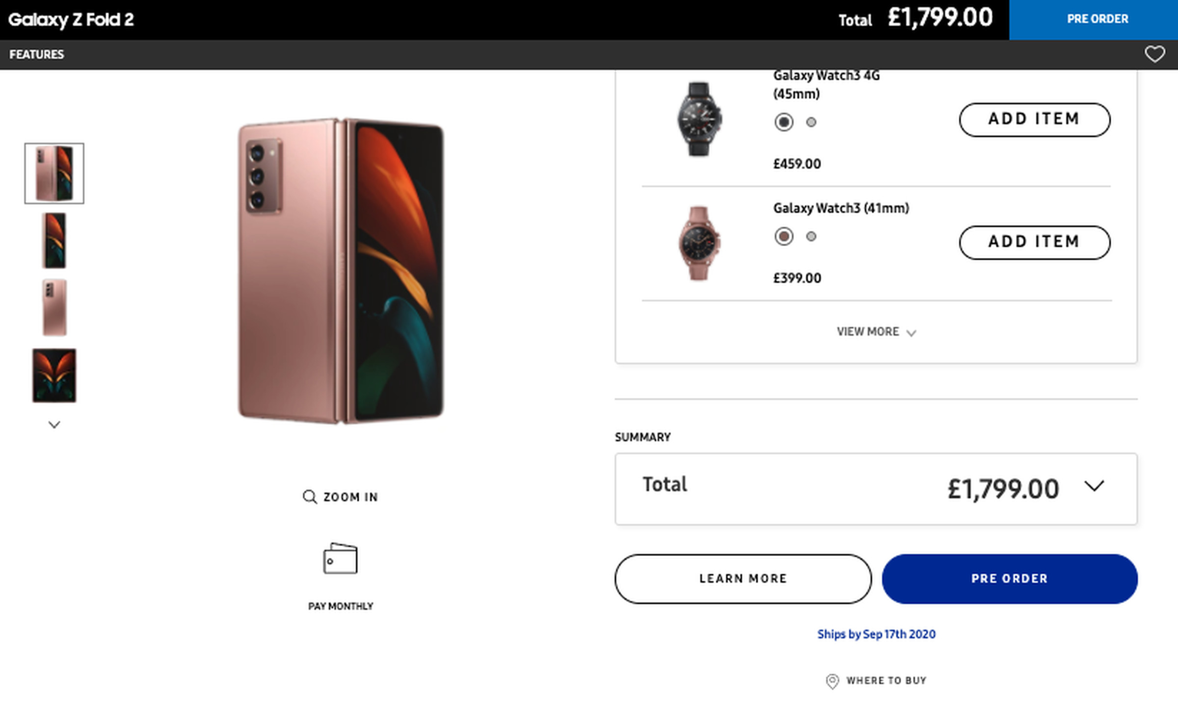 A screenshot of the pre-order page on Samsung’s UK website.
