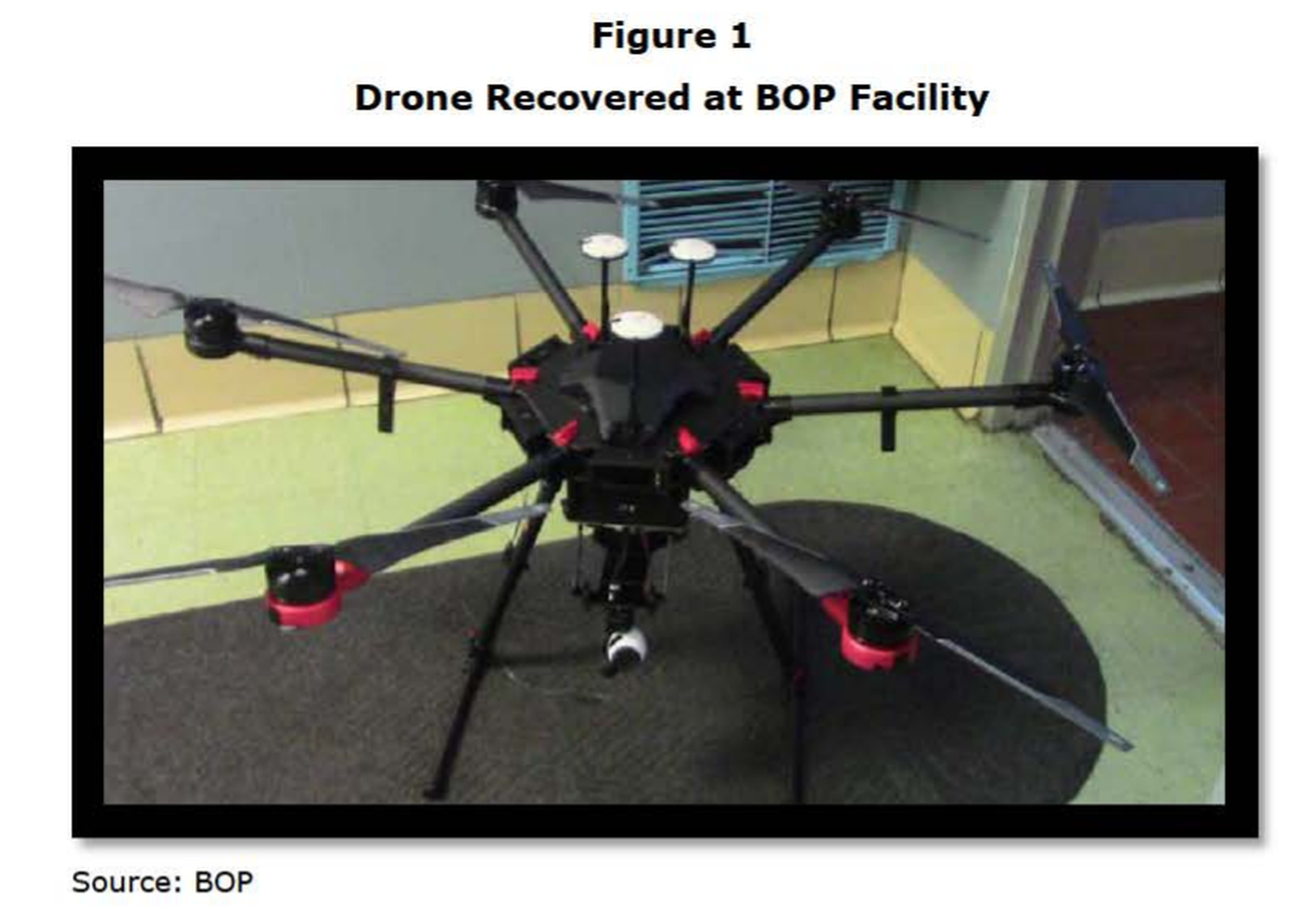 A drone recovered from a federal prison carrying a package containing drugs, cell phones, and tobacco. 