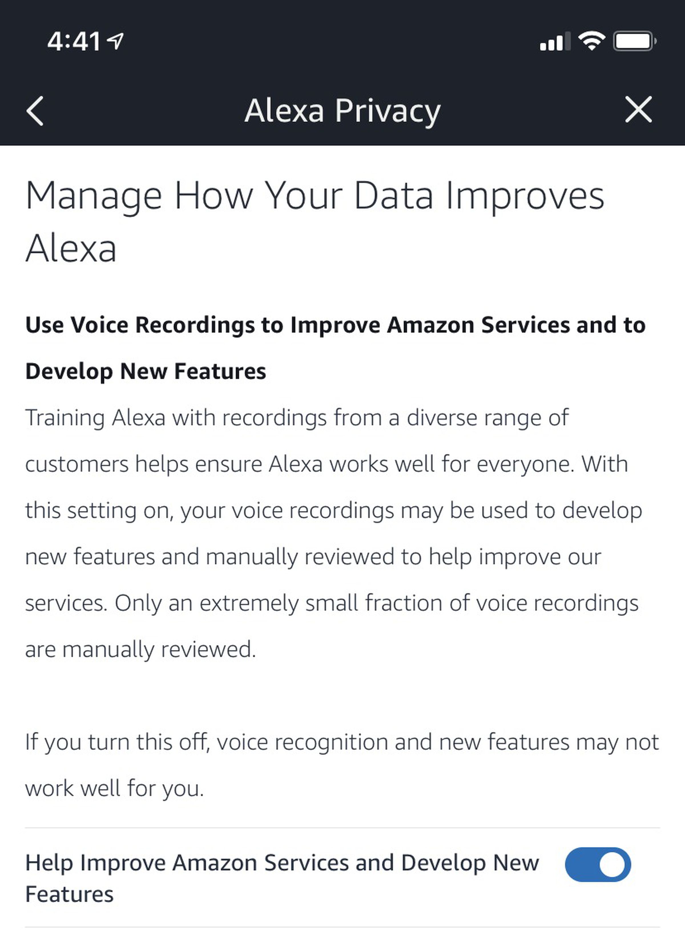 Amazon’s new language now specifies your voice could be “manually reviewed” if you don’t turn off this feature.