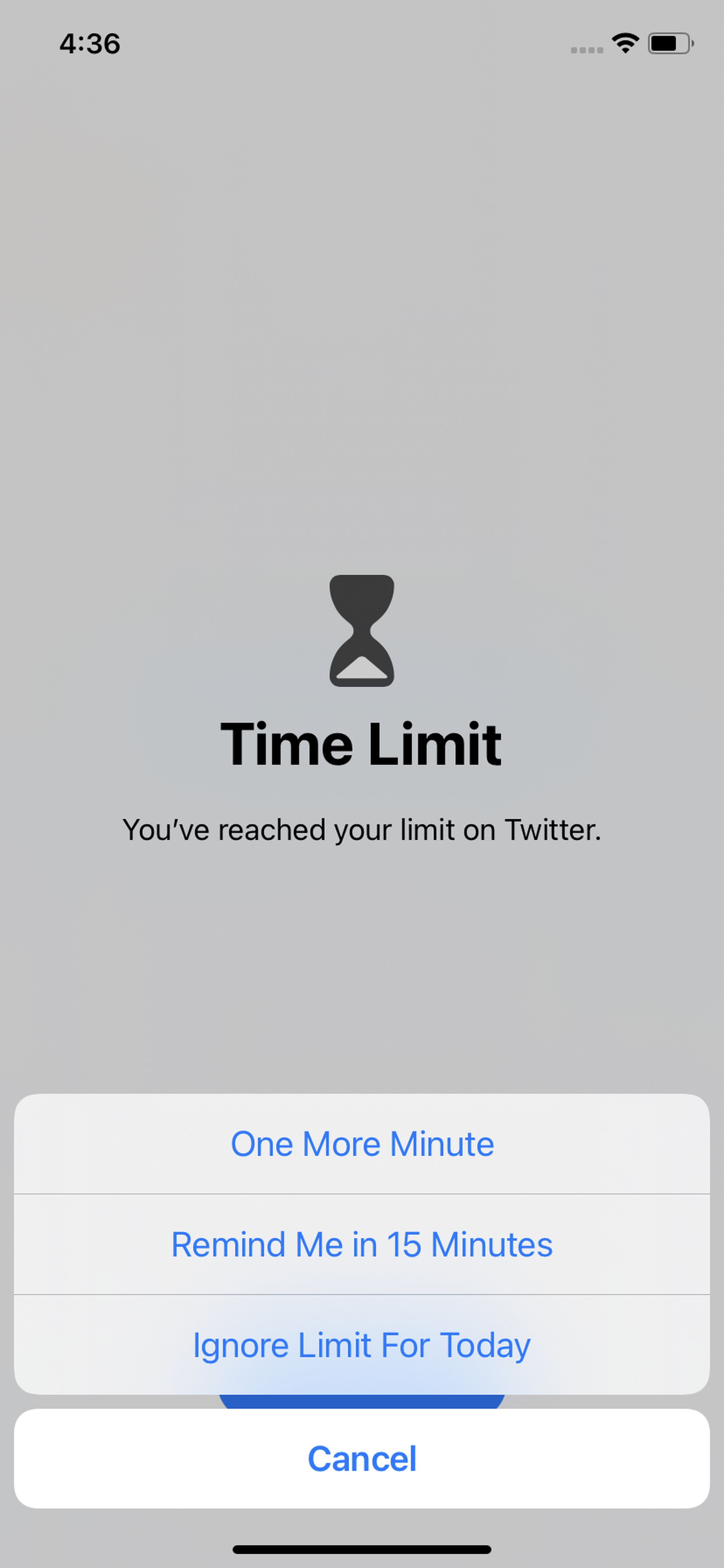 When you hit your time limit, you can ask for more time, or ignore it altogether.
