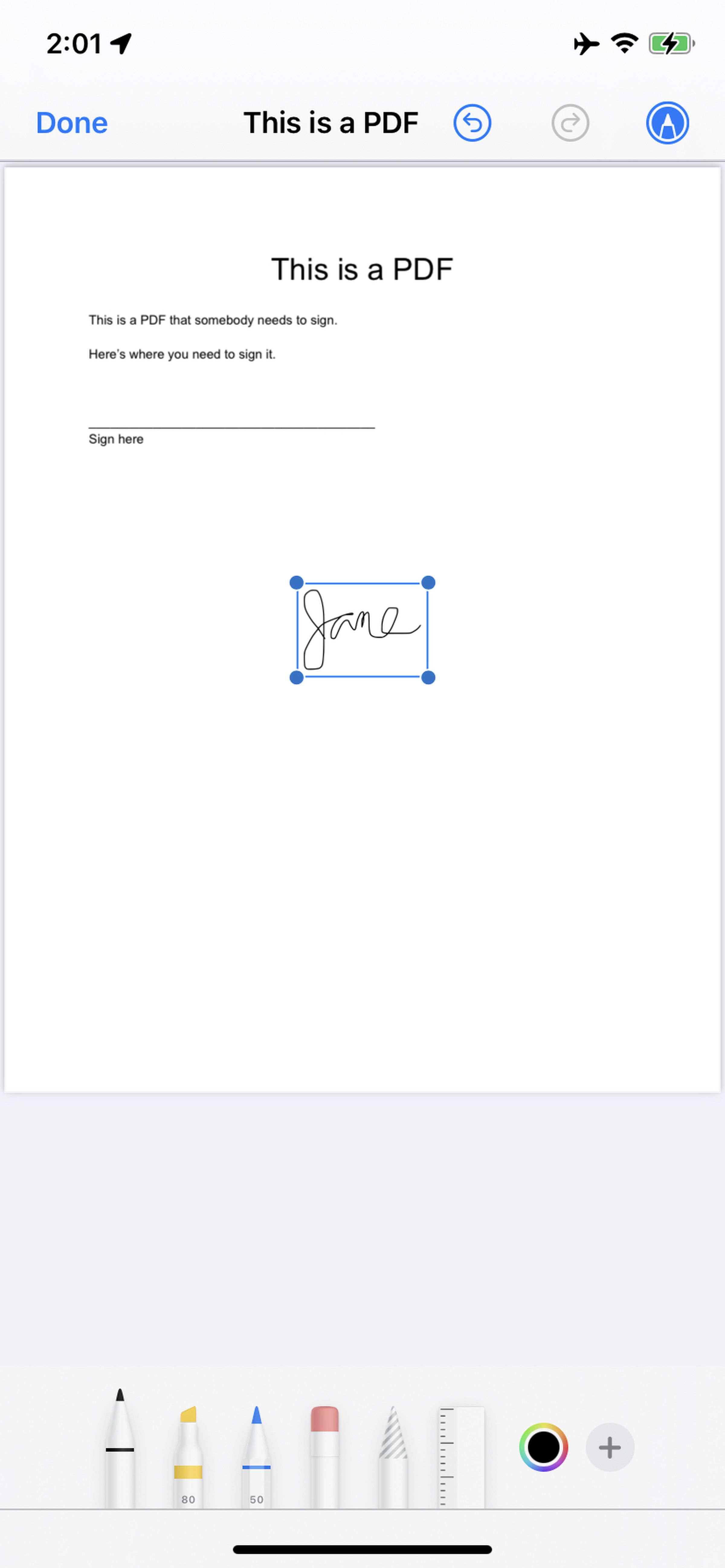 Move the completed signature to where you want it.