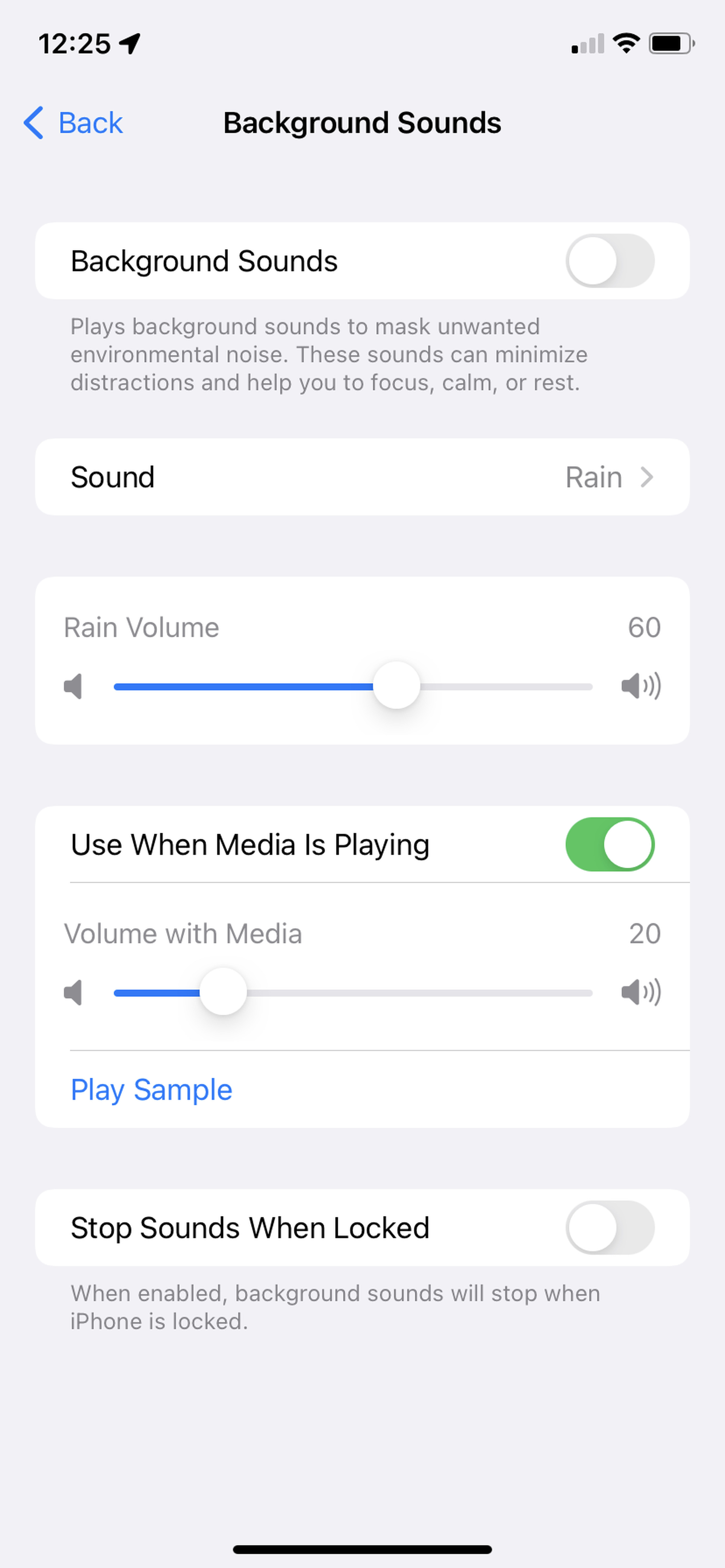 On the Background Sounds menu page, you can set your preferred sounds and adjust the volume.