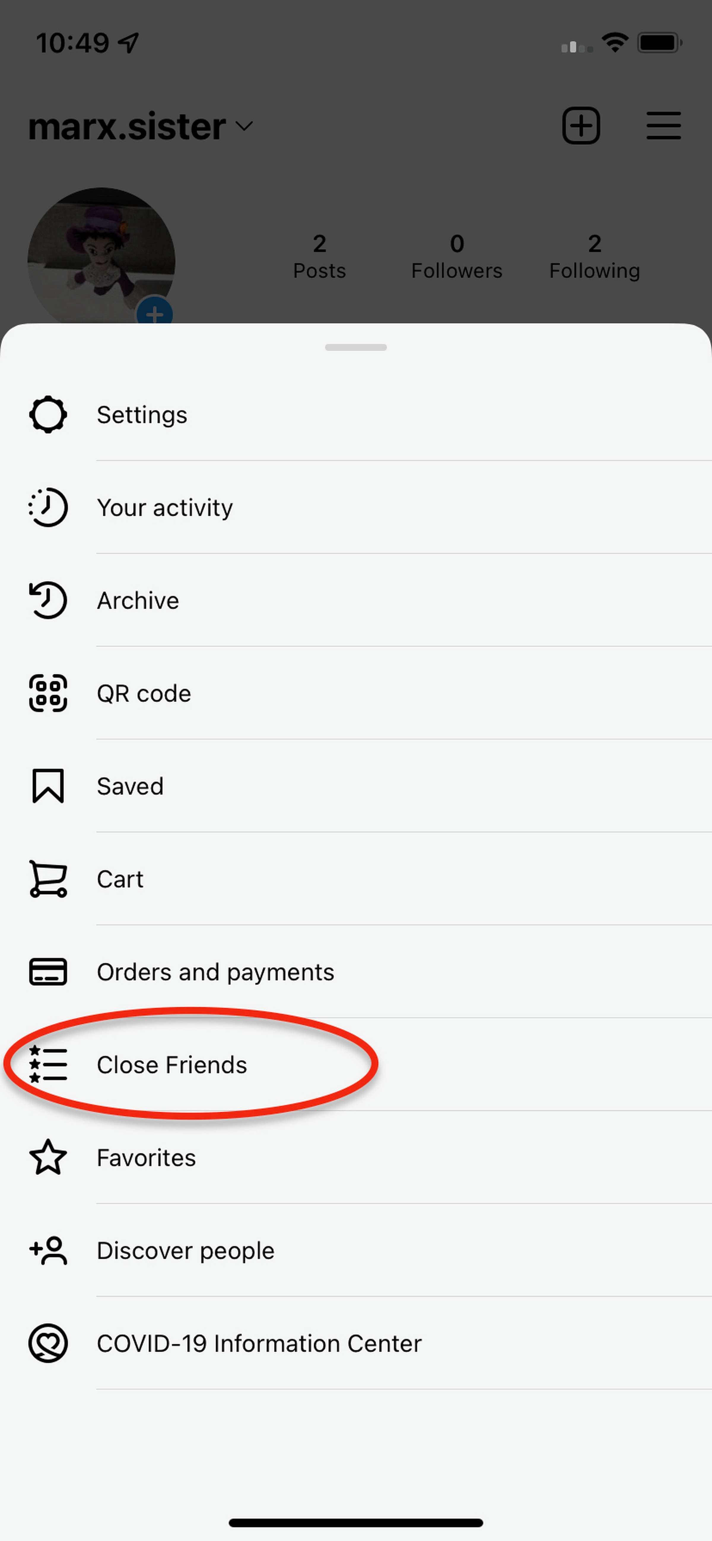 “Close Friends” circled on menu list