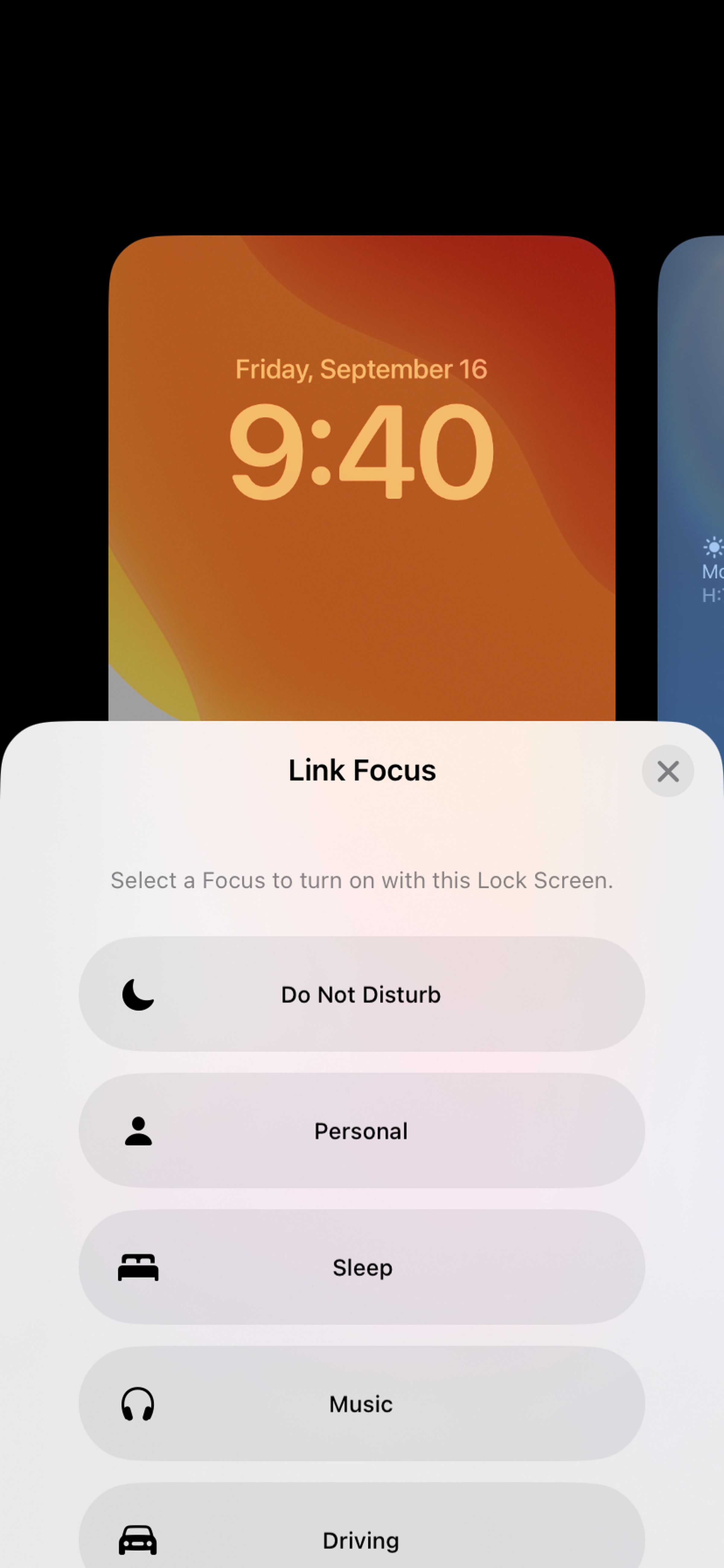 Default focus mode options for lock screen.