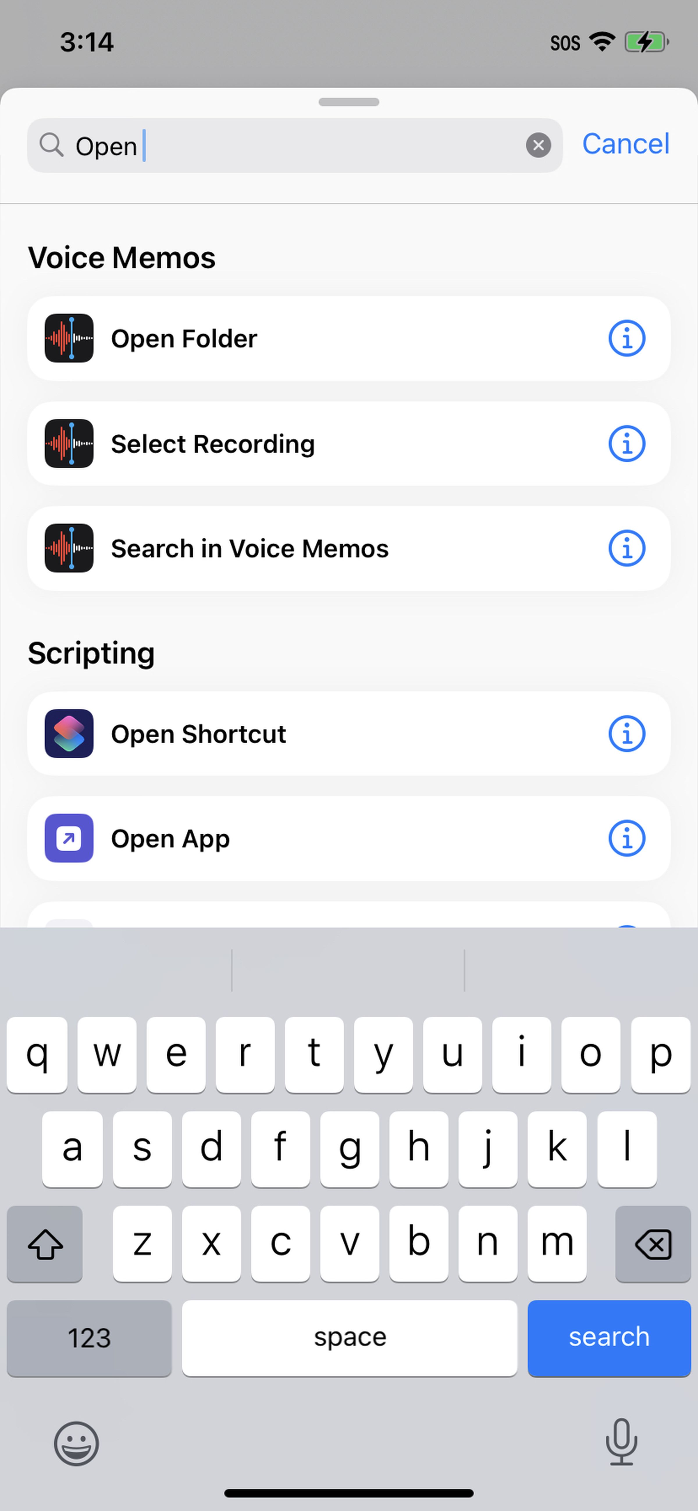 Typing “Open” in the top search page, with scripting and voice memo actions appearing.