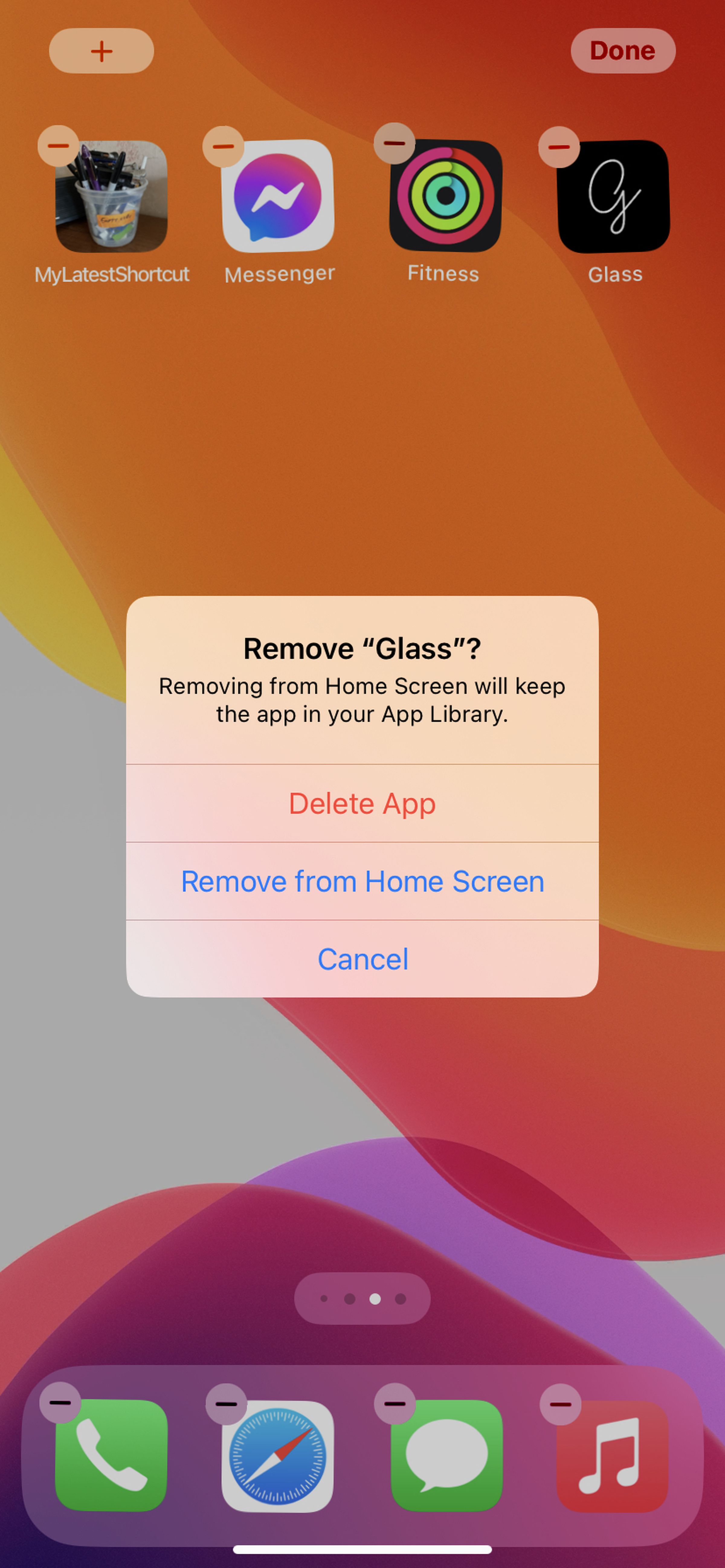 Pop-up menu for removing icon.