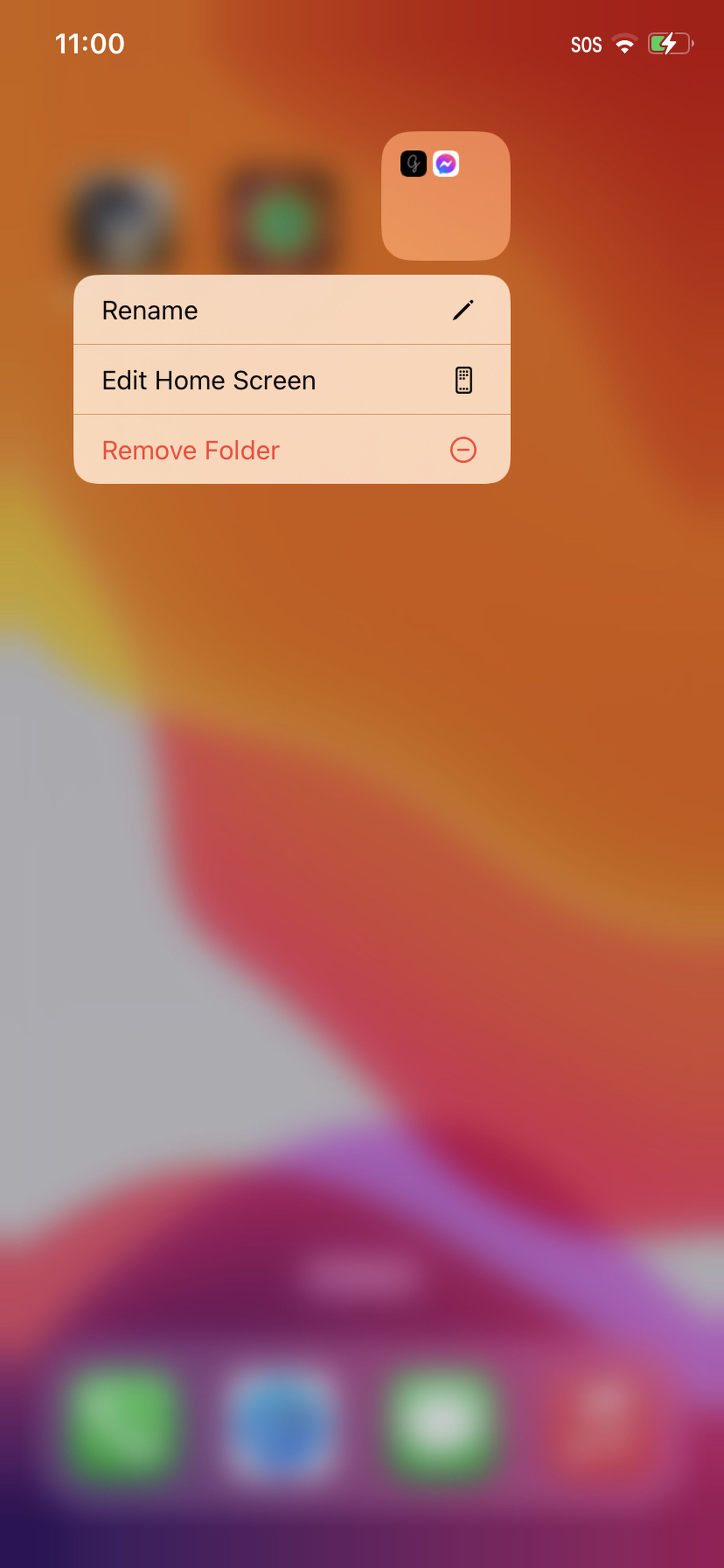 iPhone home page with drop-down menu for folder