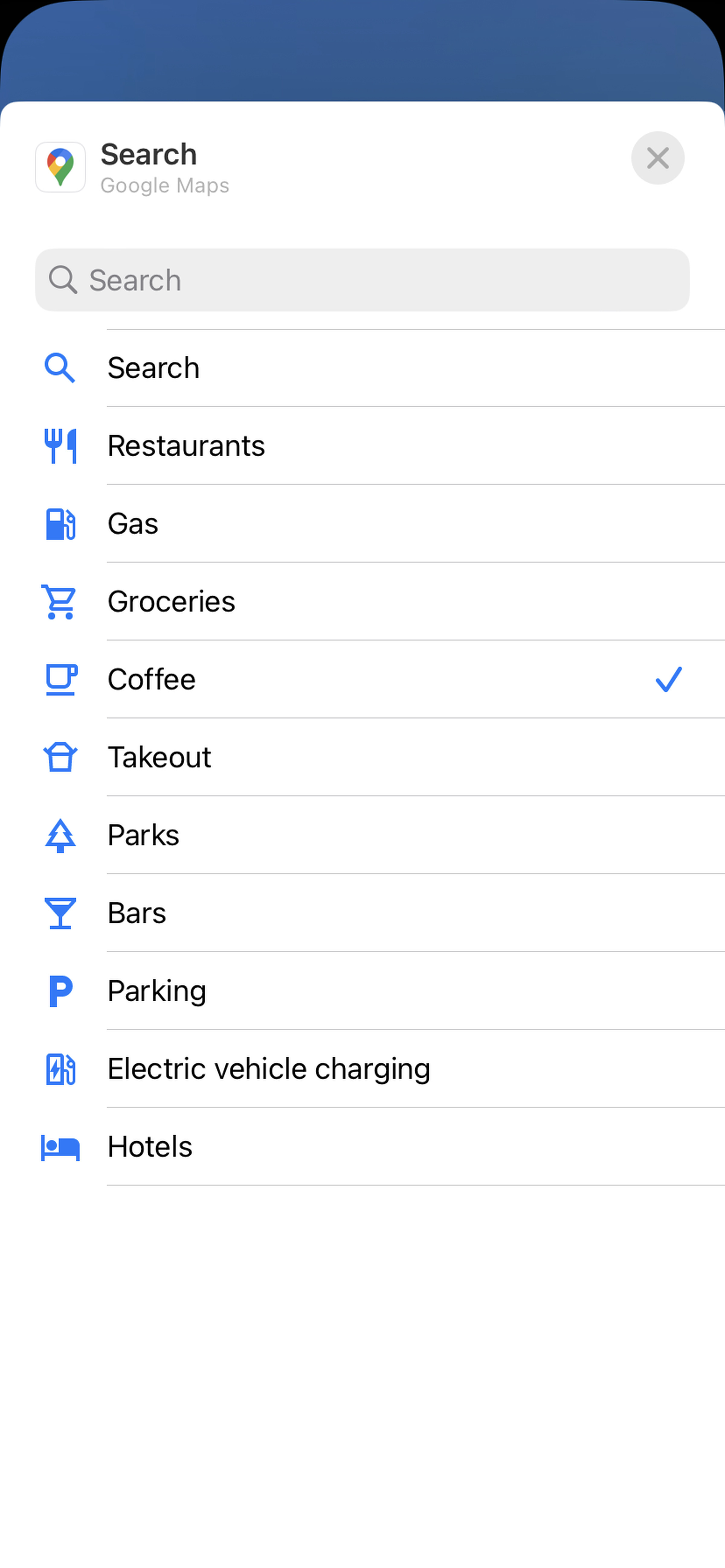 Screenshot showing a menu of search shortcut options.