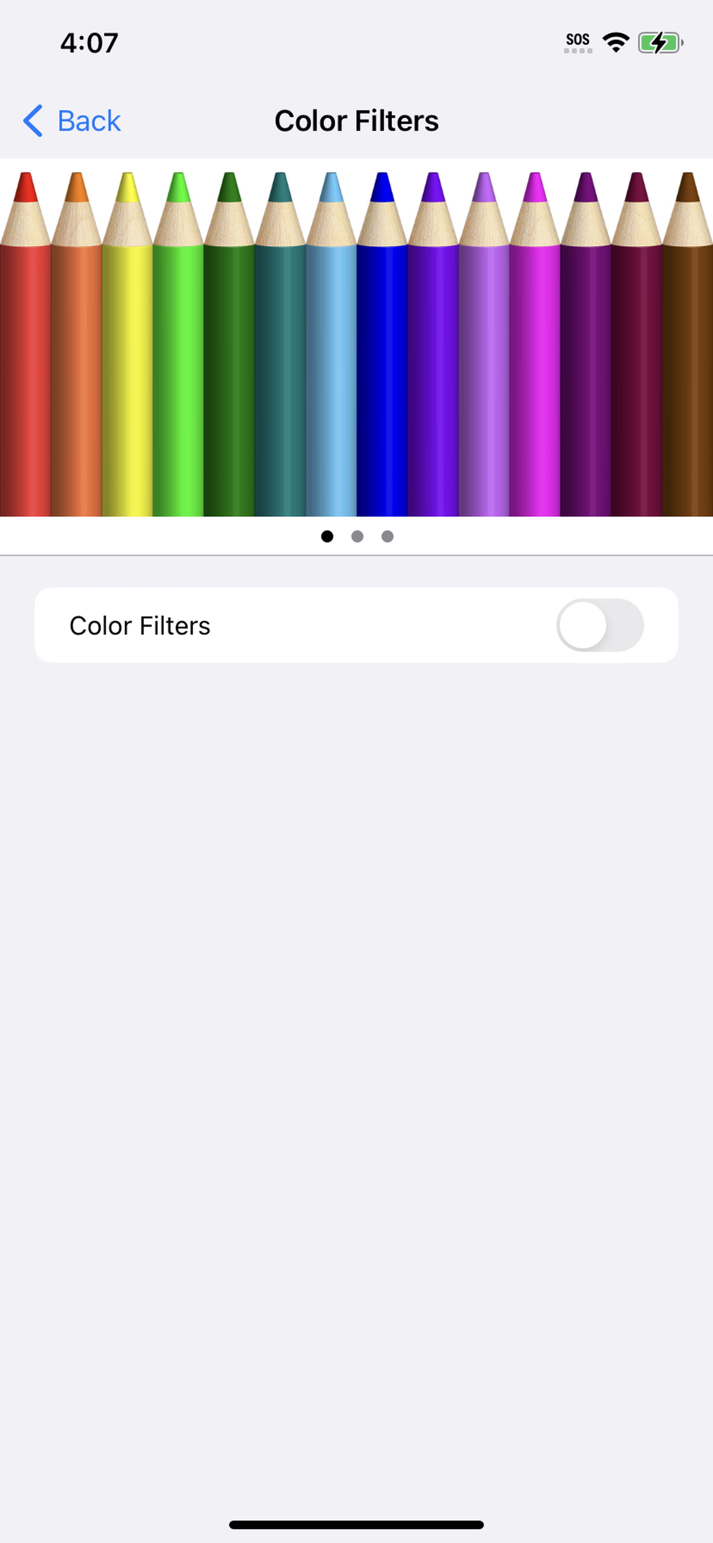 Color Filters page showing pencils of different colors on top and a Color Filters toggle below that.