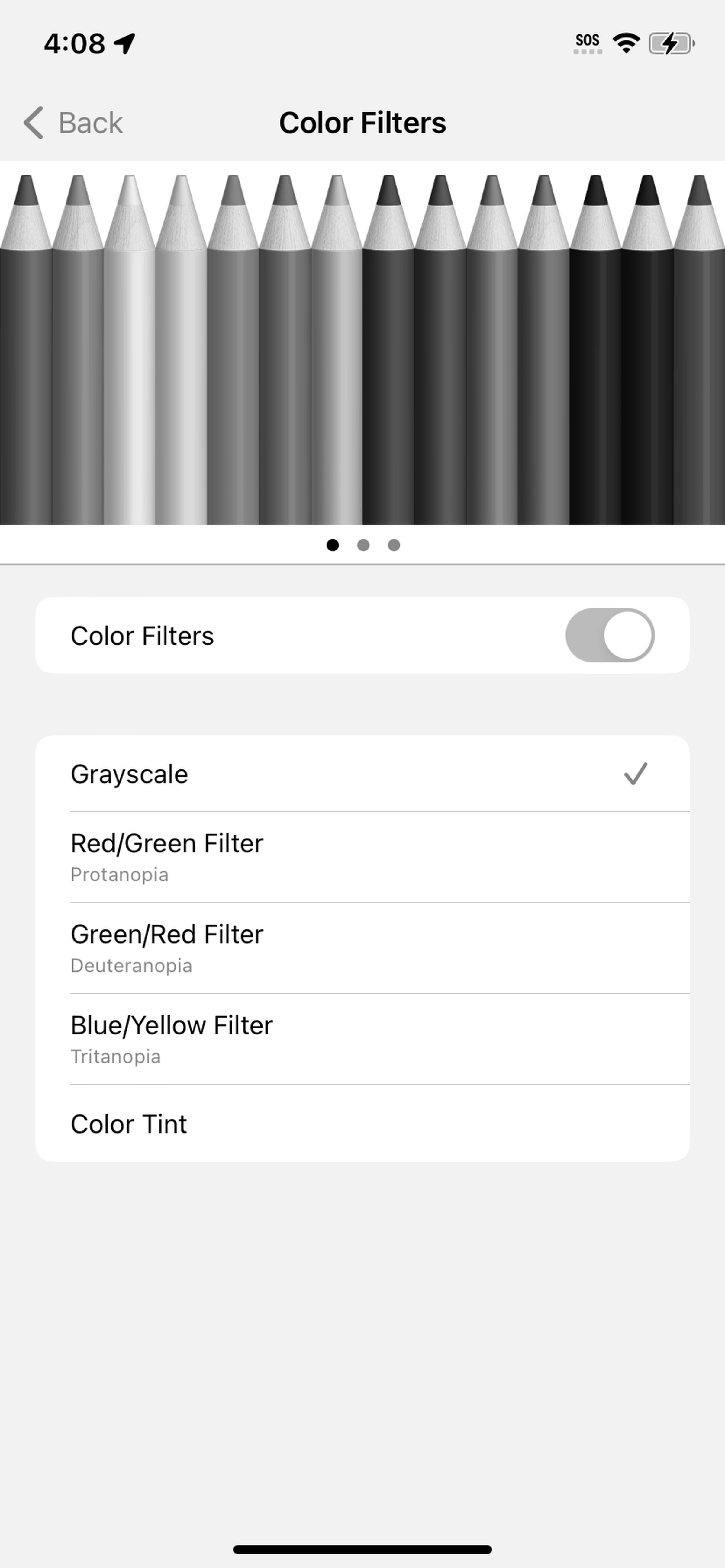 Color Filters page with colored pencils in grayscale on top, the Color Filters toggle below that, and other options such as Red/Green filter below that.