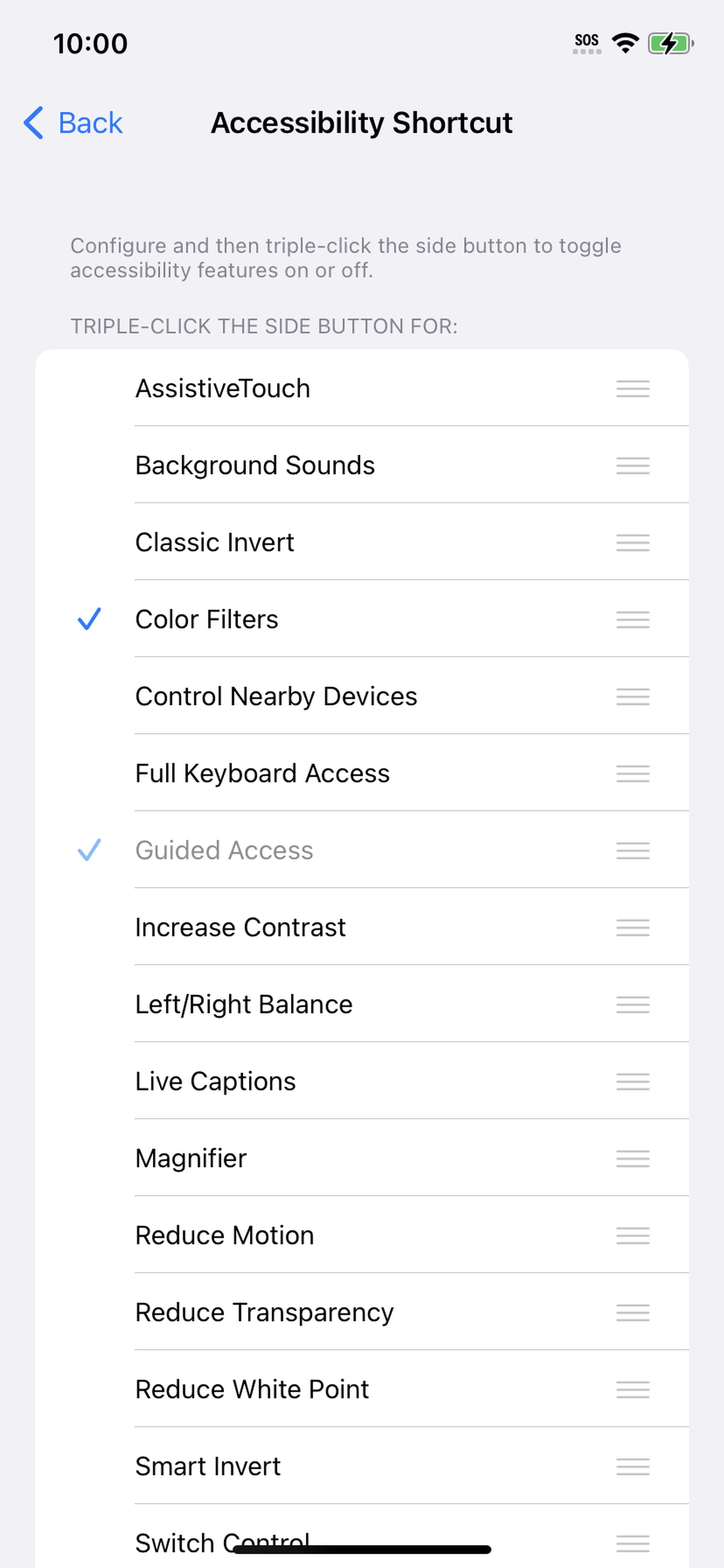 Accessibility Shortcut page with a list of options and a green check next to Color Filters.