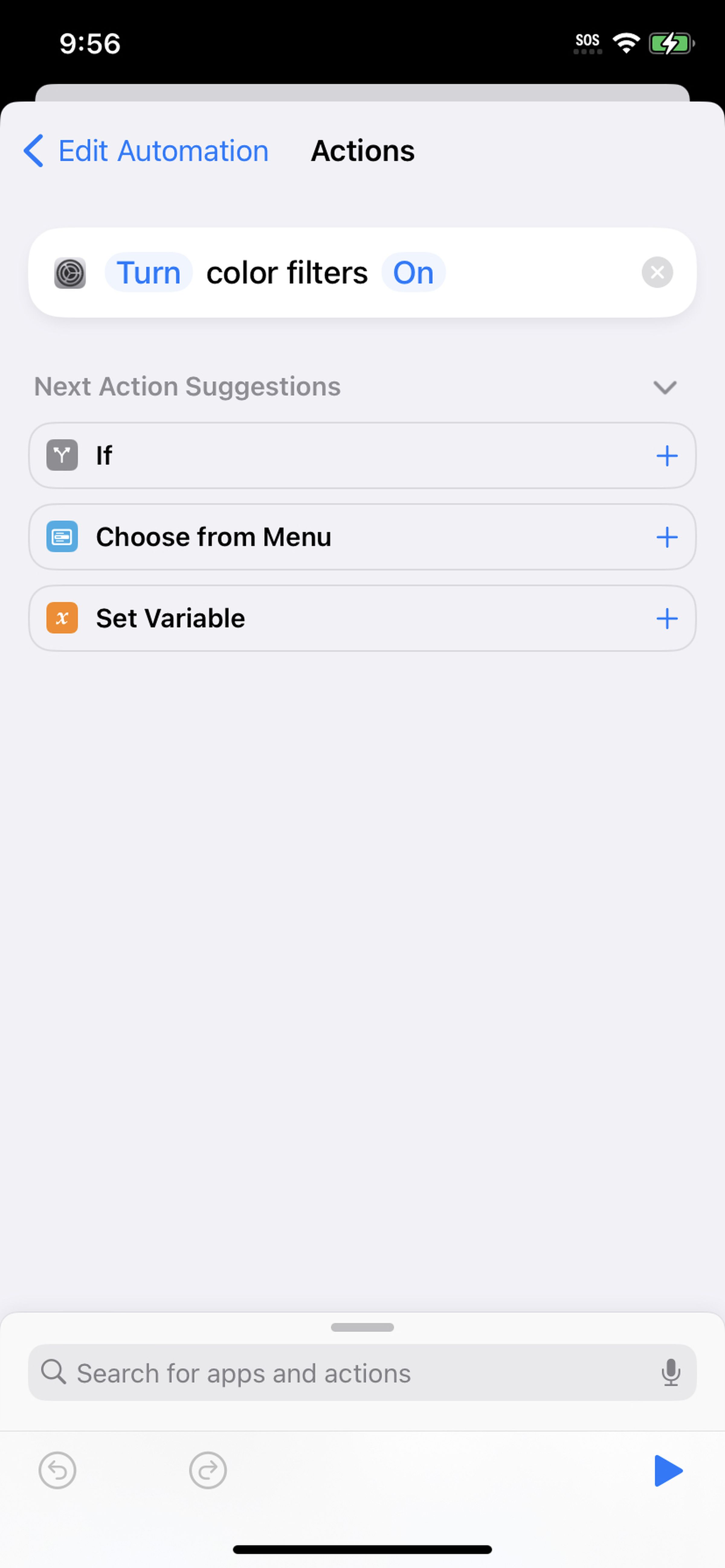 Shortcut Actions page with Turn color filters On activated, and other action suggestions listed below it, including If, Choose from Menu, and Set Variable.